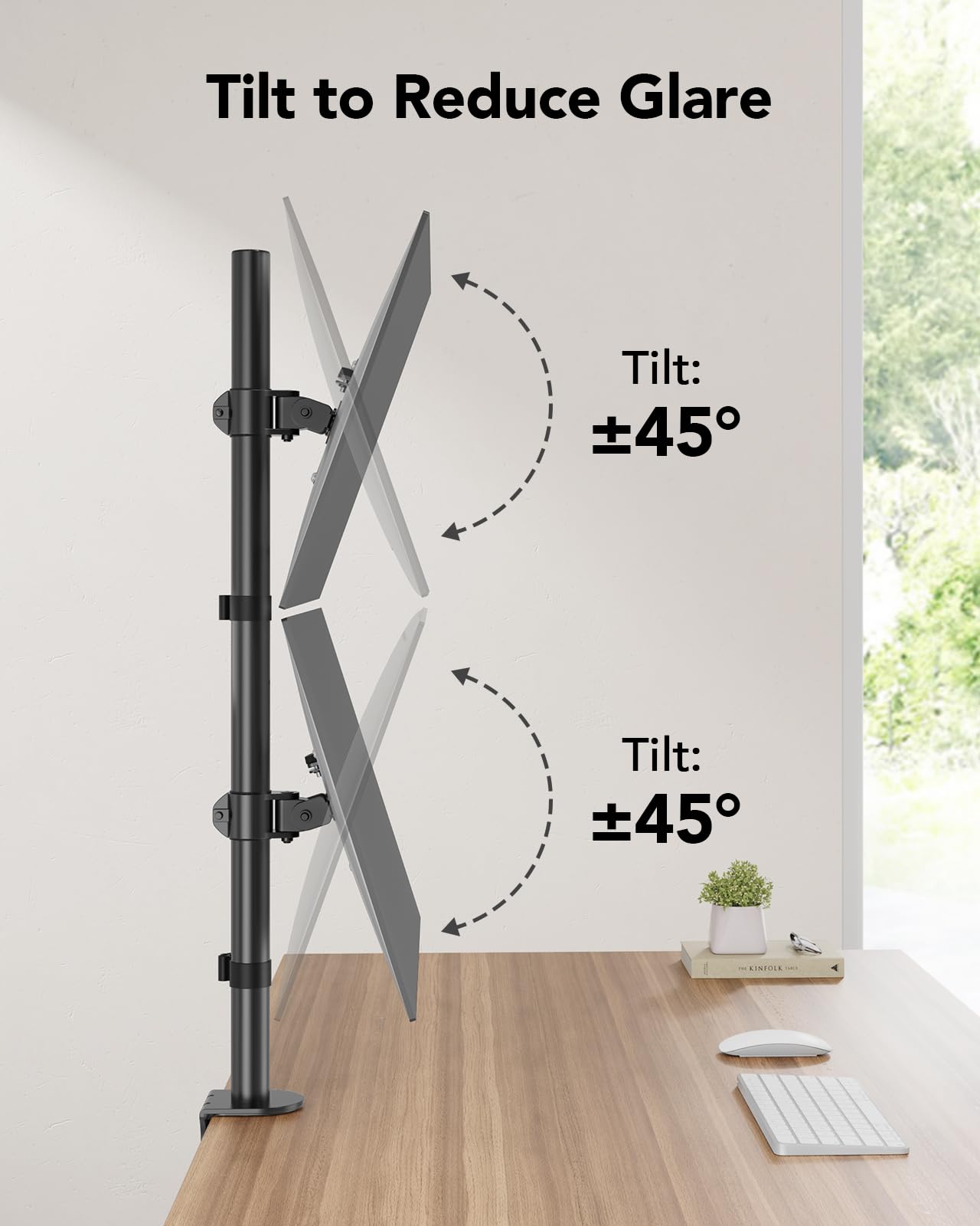 HUANUO Vertical Dual Monitor Mount for 17–32 Inch Screens, 17.6 lbs Capacity Each, Extra Tall Stacked Monitor Stand with Height Adjustment and C-Clamp,Gaming Monitor Arm