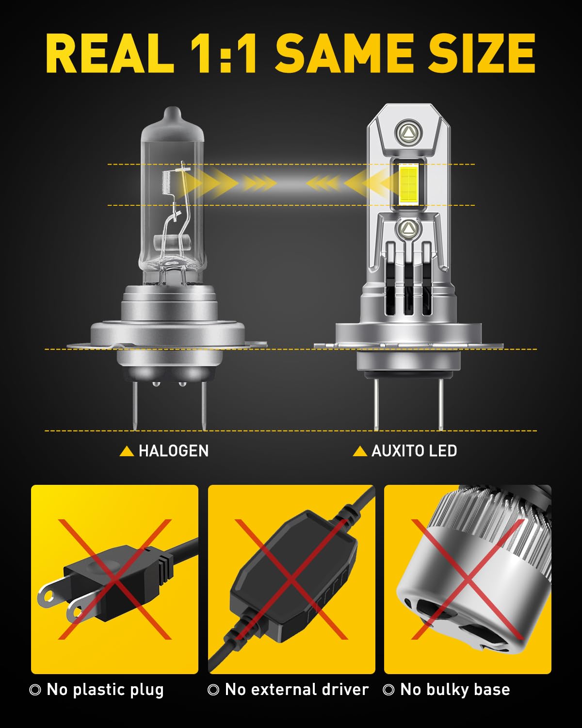 AUXITO 2025 Upgraded H7 LED Headlight Bulbs, 700% Brighter, 6500K White, Wireless 1:1 Mini Size H7ll Headlight LED Bulb, No Adapter Required, Non-Polarity, Plug and Play, Pack of 2