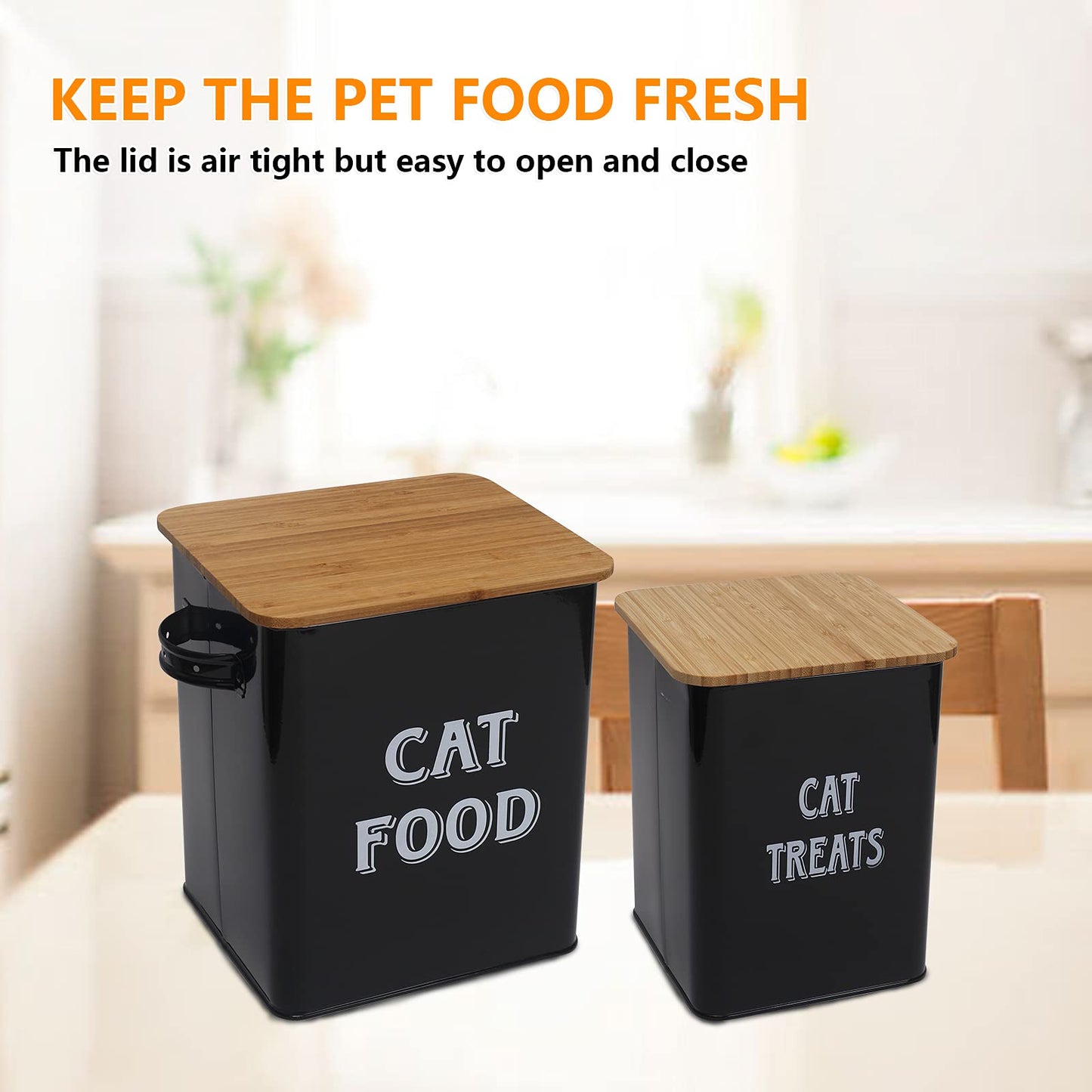 Cat Food and Treats Containers Set with Scoop for Cats or Dogs -Tight Fitting Wood Lids - Coated Carbon Steel - Storage Canister Tins-Cat-Black