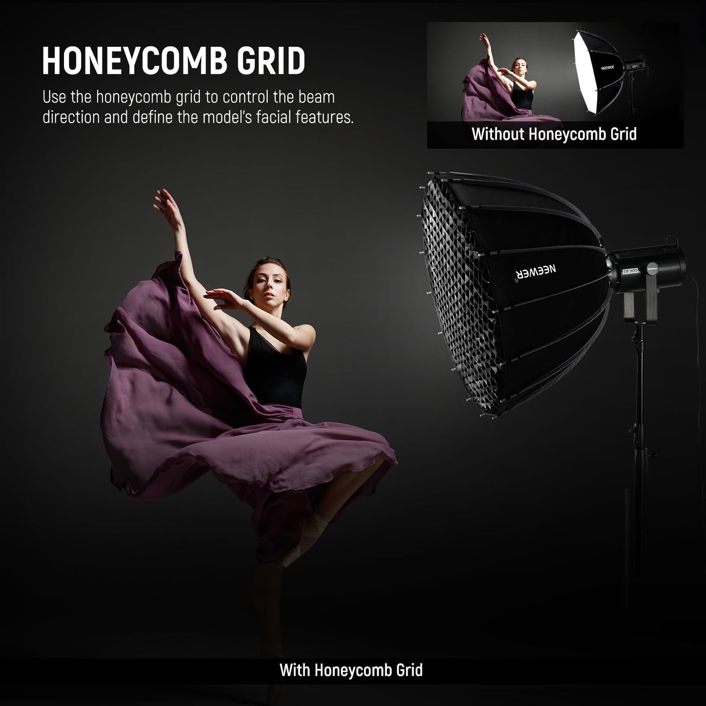 NEEWER 28"/70cm Parabolic Softbox Bowens Mount, Quick Release with Diffusers/Grid/Bag for Video Continuous Lighting CB60 CB200B MS60 MS150B Q4 Compatible with Godox Compatible with Aputure 600d, NS70P