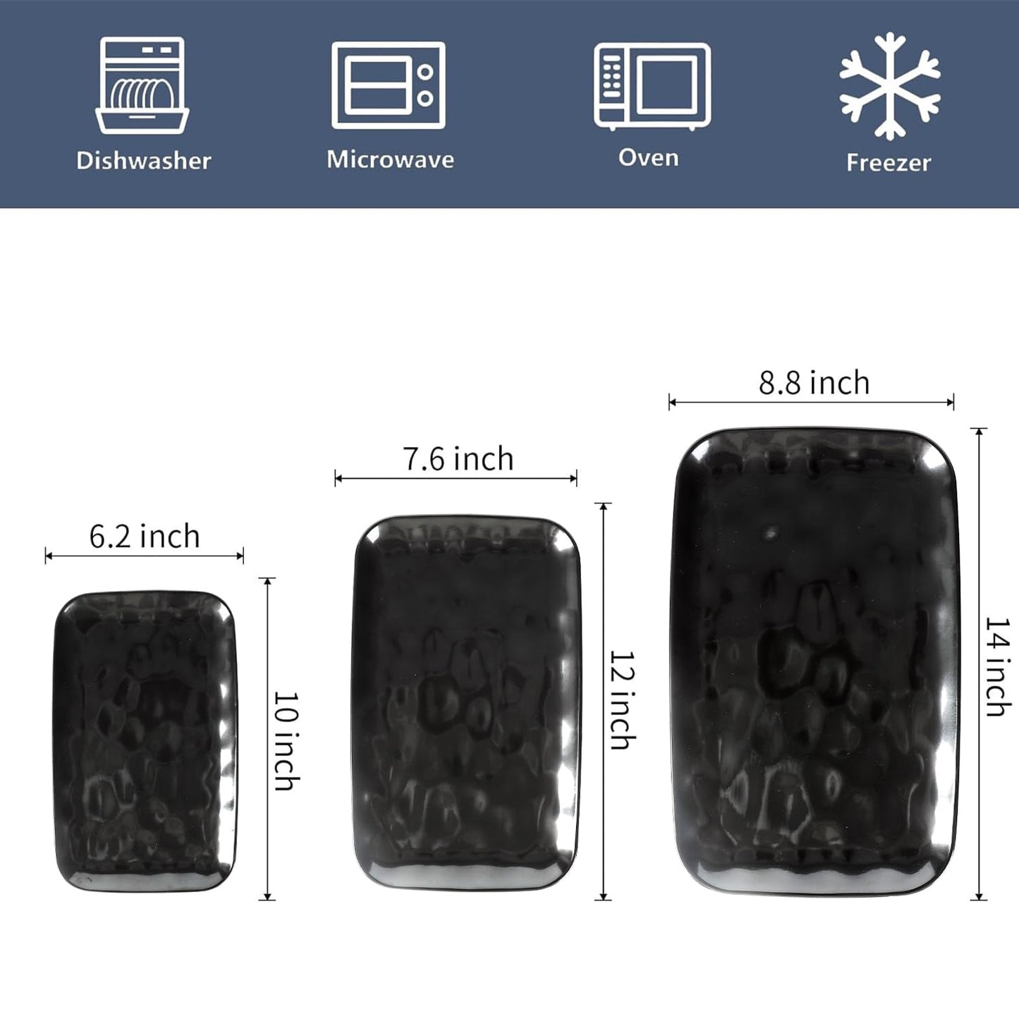 vicrays Ceramic Rectangle Serving Platters - 14" 12" 10" Porcelain Serving Trays Plates for Party BBQ Appetizers Sushi Dessert - Microwave Oven and Dishwasher Safe - Set of 3 Bright Black