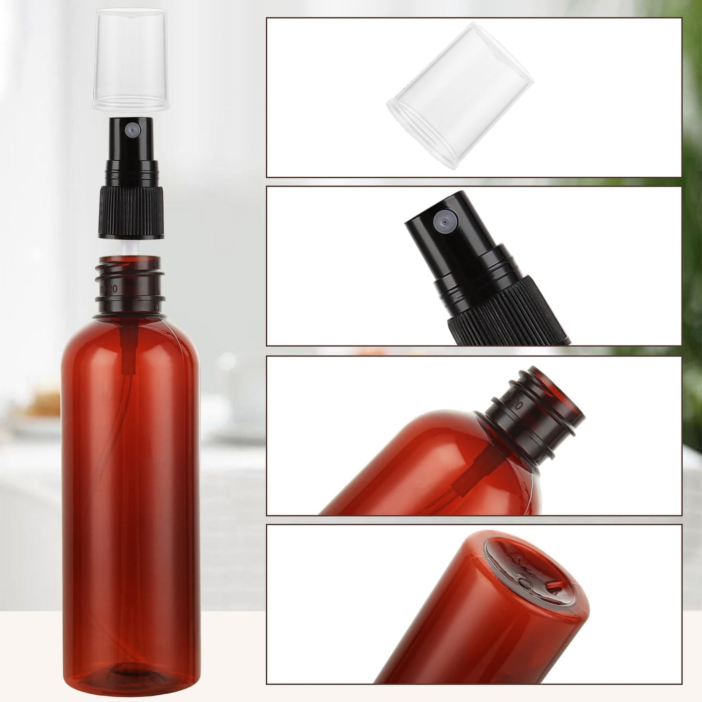 ABuff 60 Pack Plastic Spray Bottles 4oz Small Empty Fine Mist Spray Bottles Amber Clear Bottles for Essential Oils, Bath, Beauty, Hair & Cleaning, Small Spray Bottles for Travel, With 10 Funnels