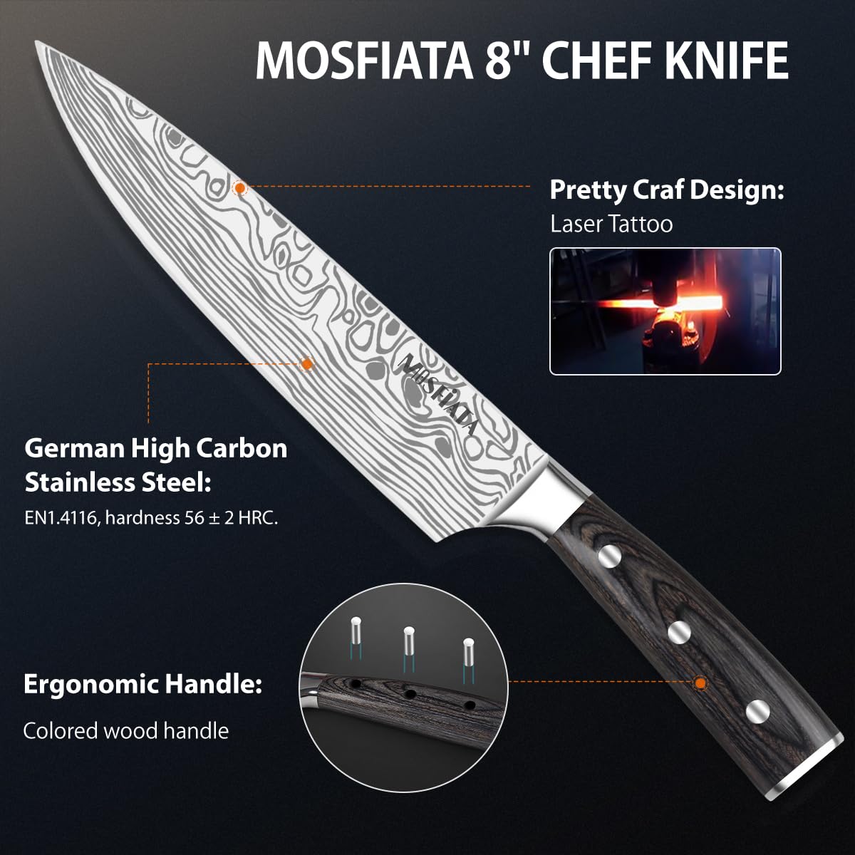 MOSFiATA Professional Chef Knife Set with German High Carbon Stainless Steel Kitchen Knife Set 3 PCS-8" Chefs Knife &7" Nakiri Knife&5" Utility Knife, Knives Set for Kitchen with Gift Box
