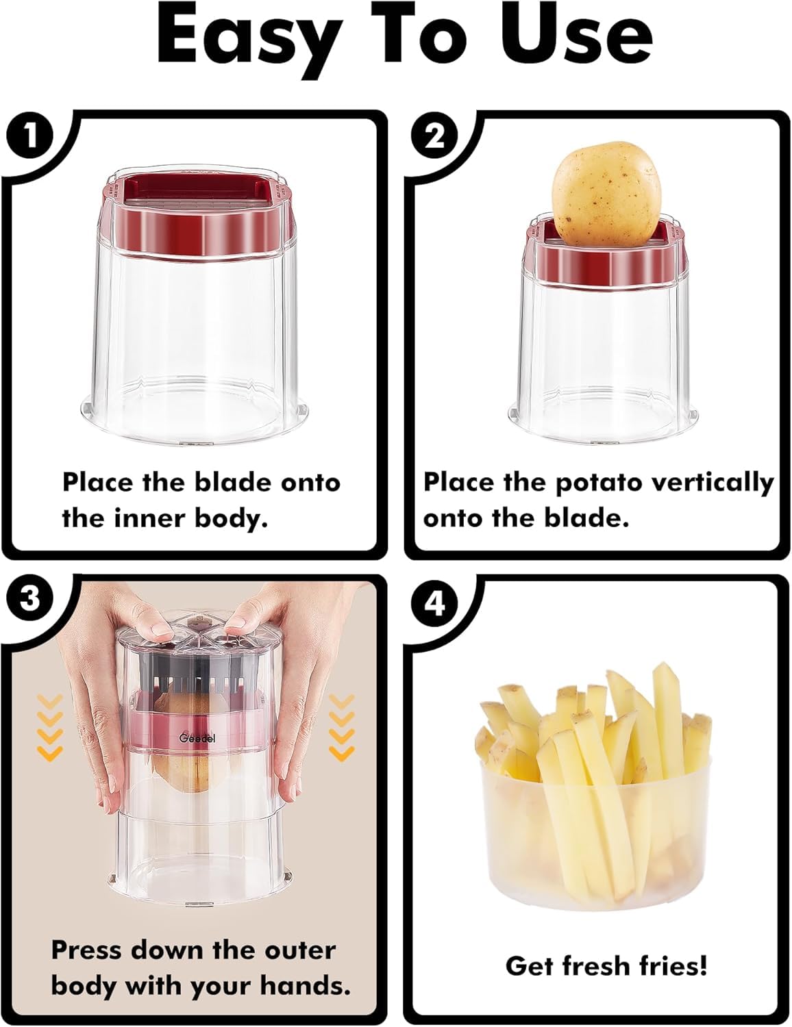 Geedel French Fry Cutter, Onion Chopper Potato Cutter, Easy to Use Food Chopper Manual Vegetable Dicer, Ultra Sharp Blades Fry Cutter Apple Slicer and Corer, 3 Blades