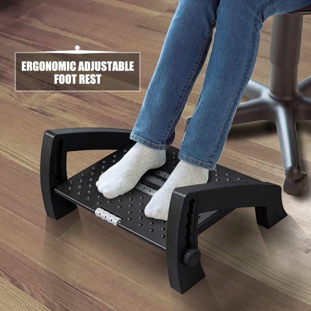 RYVAR Adjustable Footrest Under Desk, Ergonomic Office Foot Rest with Massage Rollers and 6 Height Position, Anti Slip and Washable, Desk Accessories Foot Stool for Office and Home