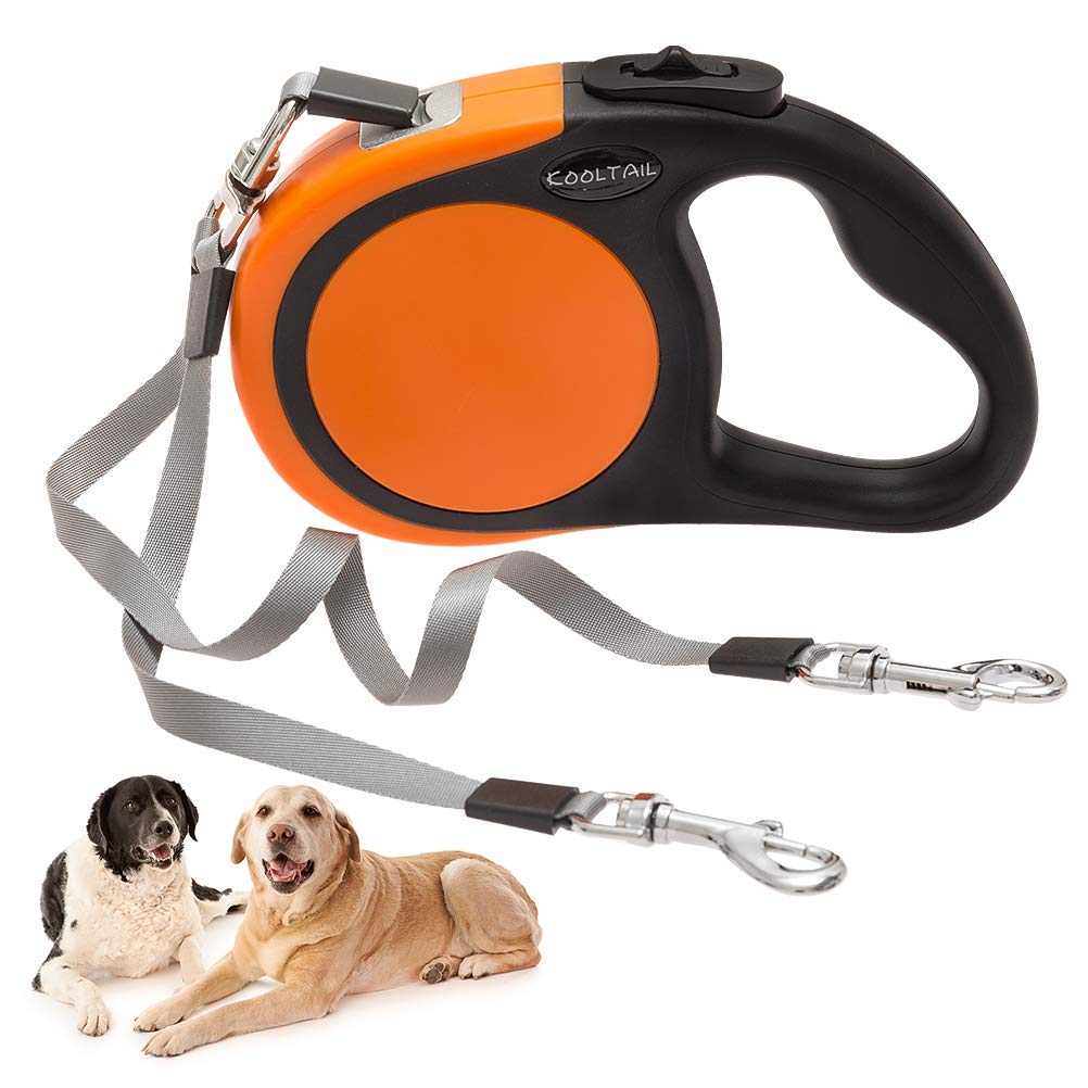 KOOLTAIL Dual Retractable Dog Lead for Two Dogs up to 110 lbs, Heavy Duty Double Head 16 ft Flexi Expandable 360° Tangle-Free One Button & Lock Brake Dog Lead for Small Medium Orange