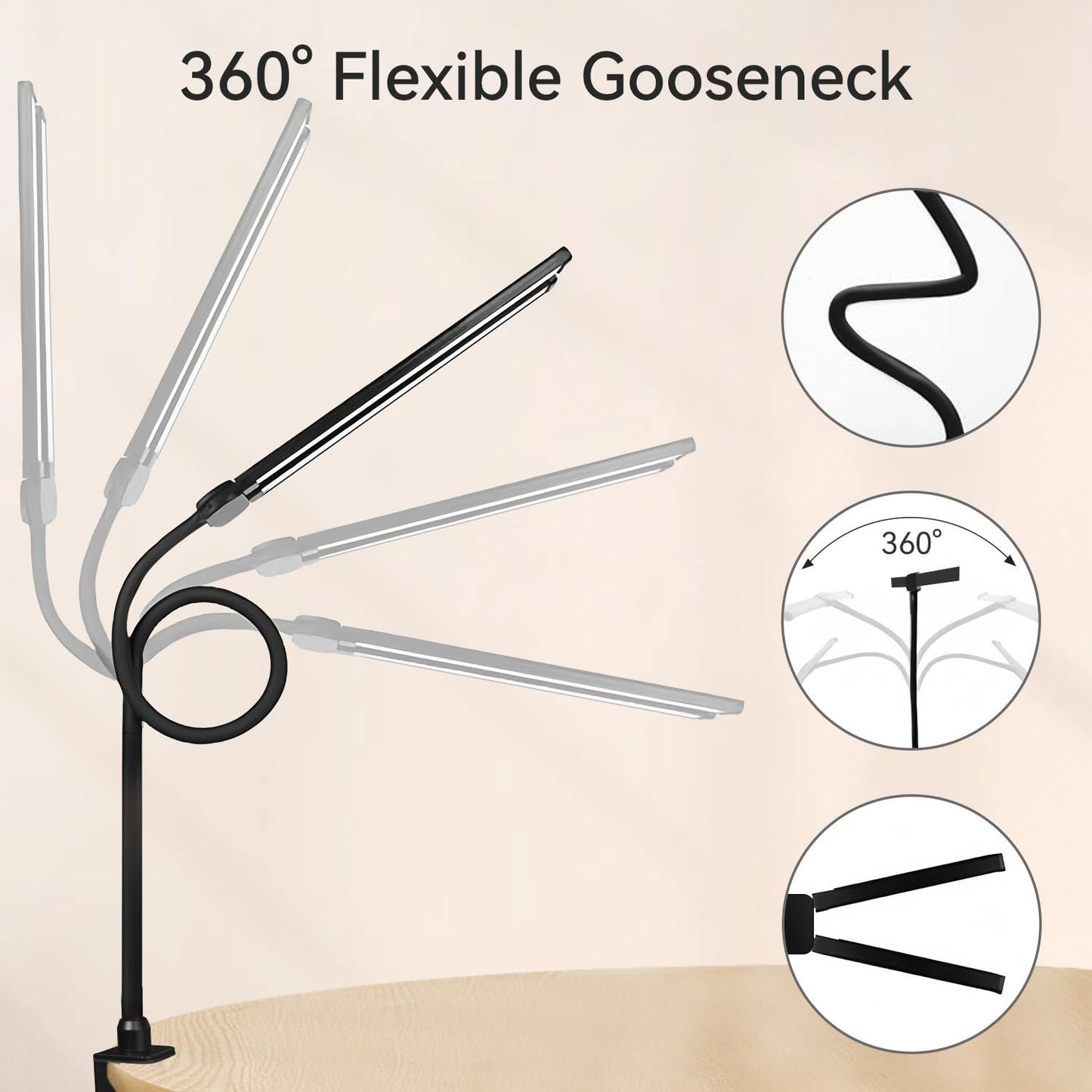 CNSUNWAY LED Desk lamp, Double Head Architect Desk Lamps for Home Office with Clamp, 3 Color 5 Brightness, Long Flexible Gooseneck, Eye Protection Desk Light with USB Adapter, Black