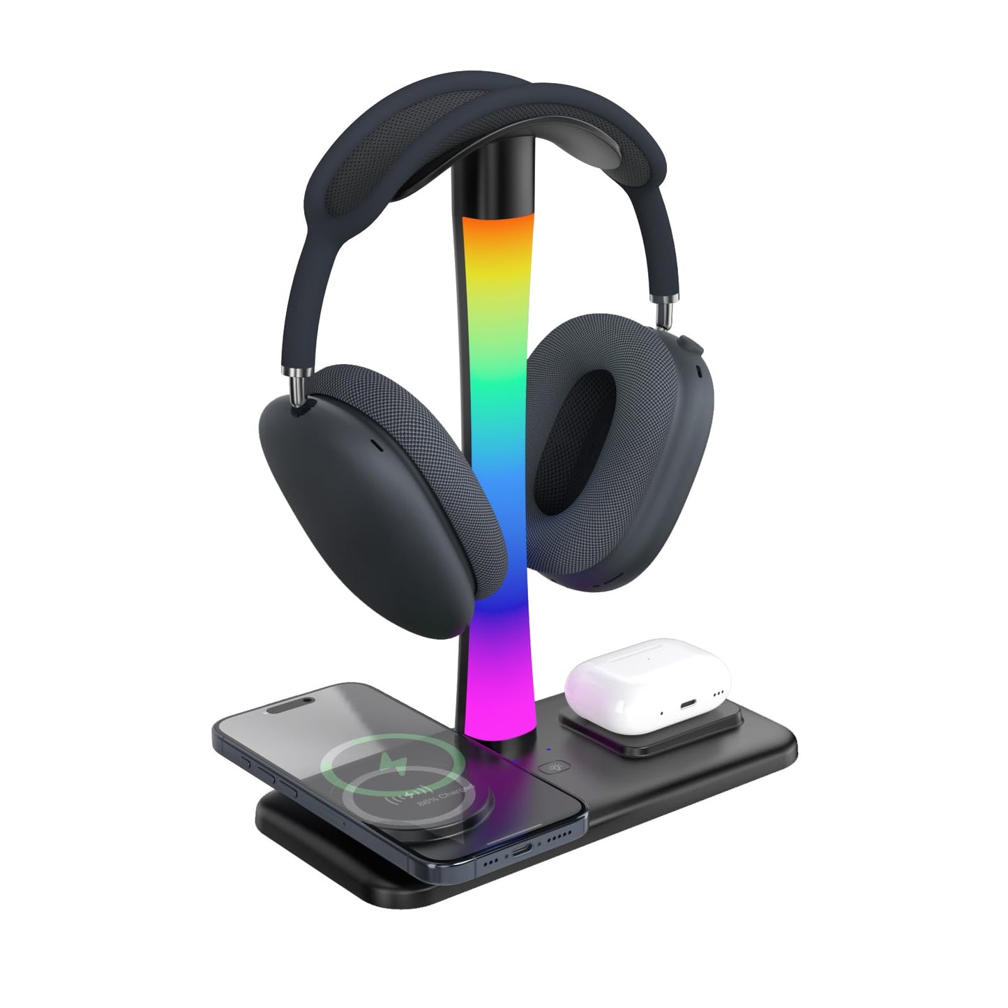 Headphone Stand with Wireless Charger,Gaming Headset Stand with RGB Light Mode,For Airpod Max Stand Compatible with Airpod Pro/3/2,For iPhone 17/16/15/14/13/12/11,Gifts for Gamers & Music Lover(Black)