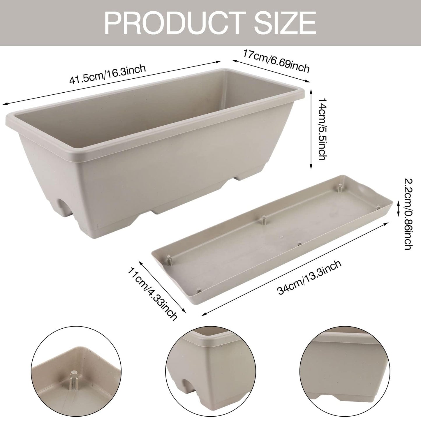 Haiabei 8Pcs Flower Window Box Planter Rectangle Plant Pot Planter 17 Inch Herb Planters with Tray Herb Pots for Indoor Plants Large Flower Boxes for Bay Window,Kitchen Windowsill,Coffee Table,Grey