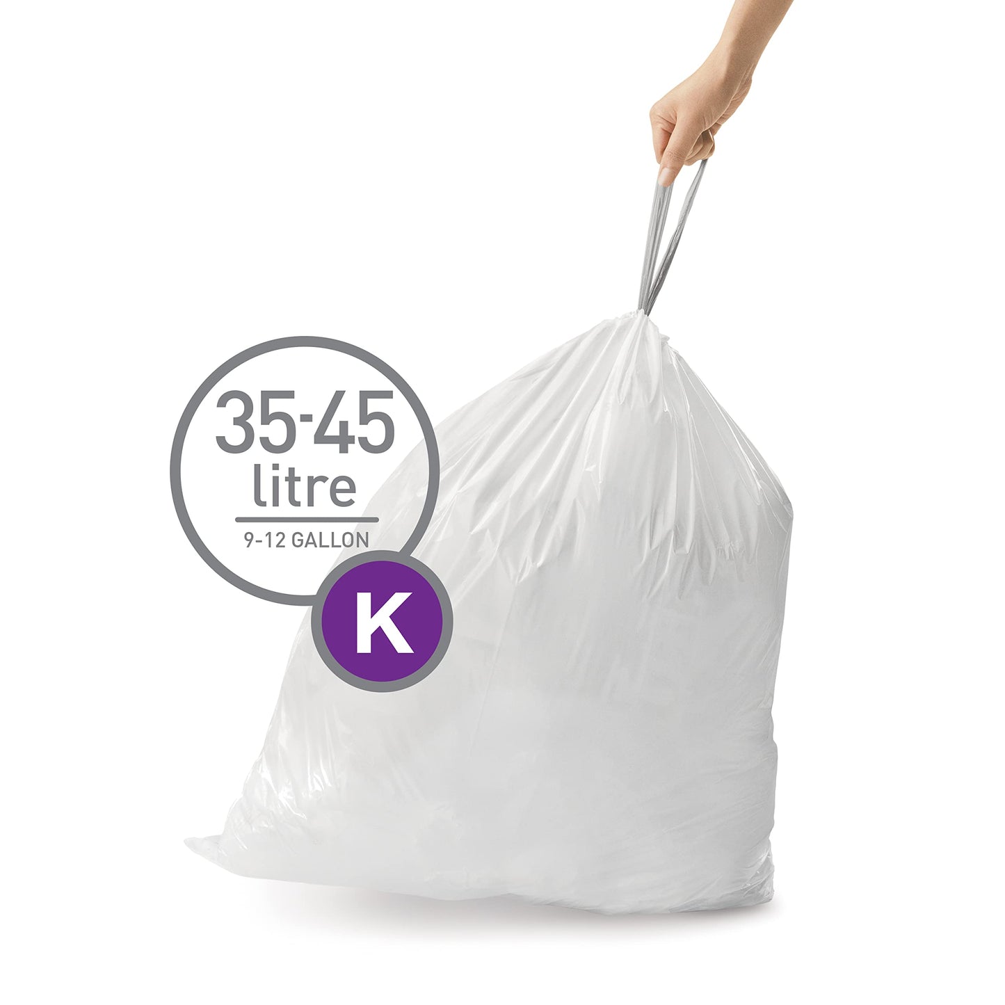 simplehuman Code K 60 Count, Dispenser Pack Custom Fit Liners, Drawstring Trash Bags, 35-45L / 9-12 Gallons, White