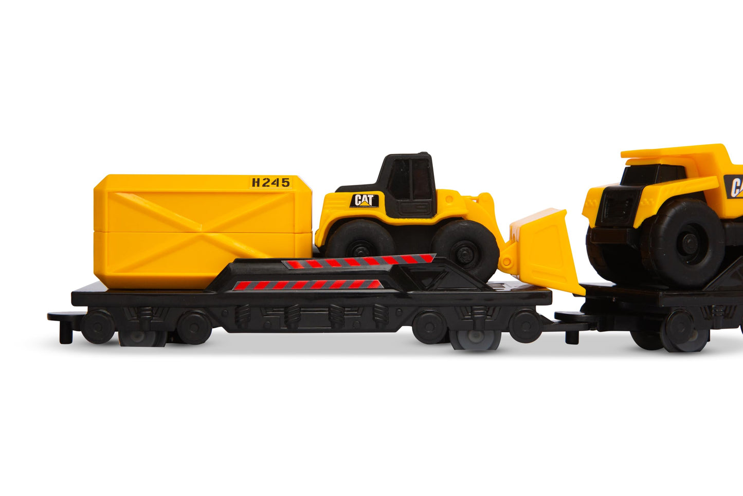 CAT Construction Toys, Little Machines Power Tracks Battery Operated Train Set, Engine with Working Headlight, 3 Rail Cars, Working Crane, 2 Magnetic Cargo Containers, and 2 CAT Trucks for Kids