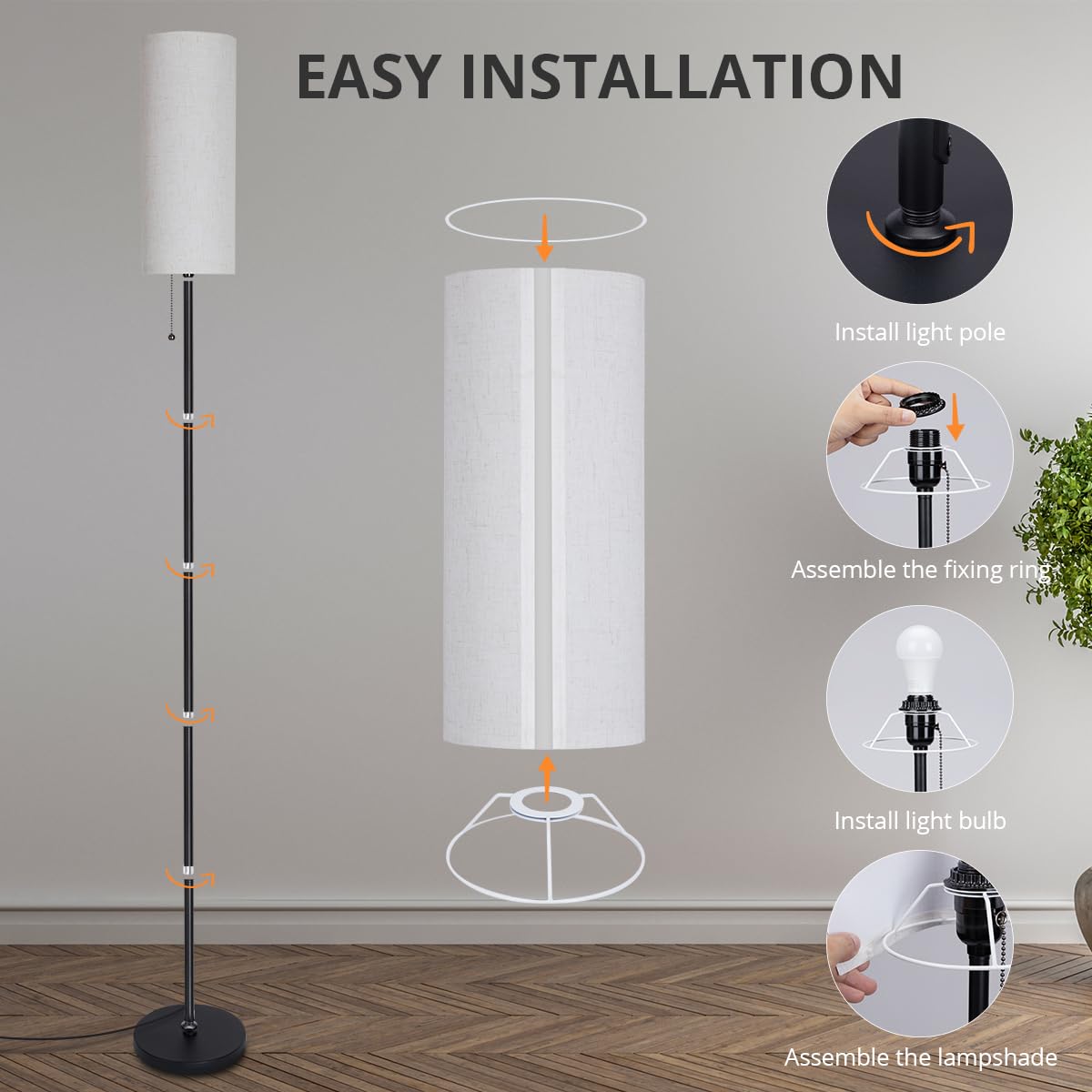 IPARTS EXPERT Floor Lamp for Living Room, 68" Tall Lampshade W/Pull Wire