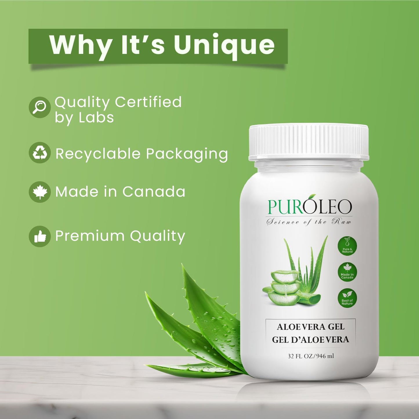 PUROLEO Aloe vera gel 32 Fl Oz/946 ML (Made in Canada) aloe vera gel for face aloe vera gel for hair aloe vera gel for skin Made from aloe vera gel Explore the Goodness - 100% Pure Aloe Vera Gel - Your Go-To for Natural Beauty and Wellness!