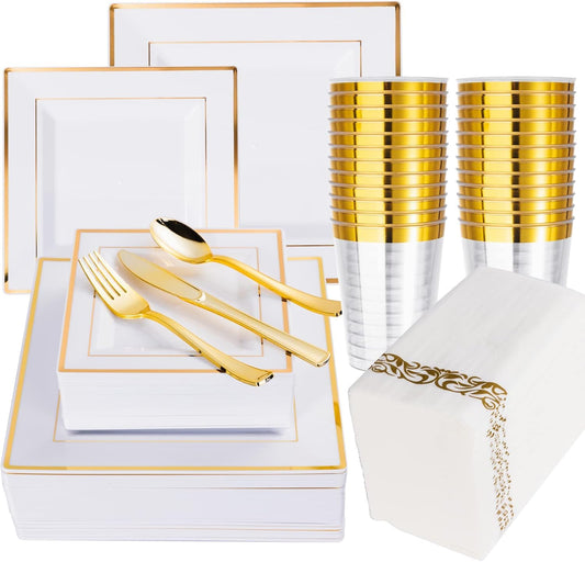 175PCS Gold Squart Plates with Plastic Silverware, Gold Disposable Dinnerware Set for Wedding & Party, Including 25 Dinner Plates, 25 Dessert Plates, 25 Cups, 25 Napkins, 25 Cutlery Set