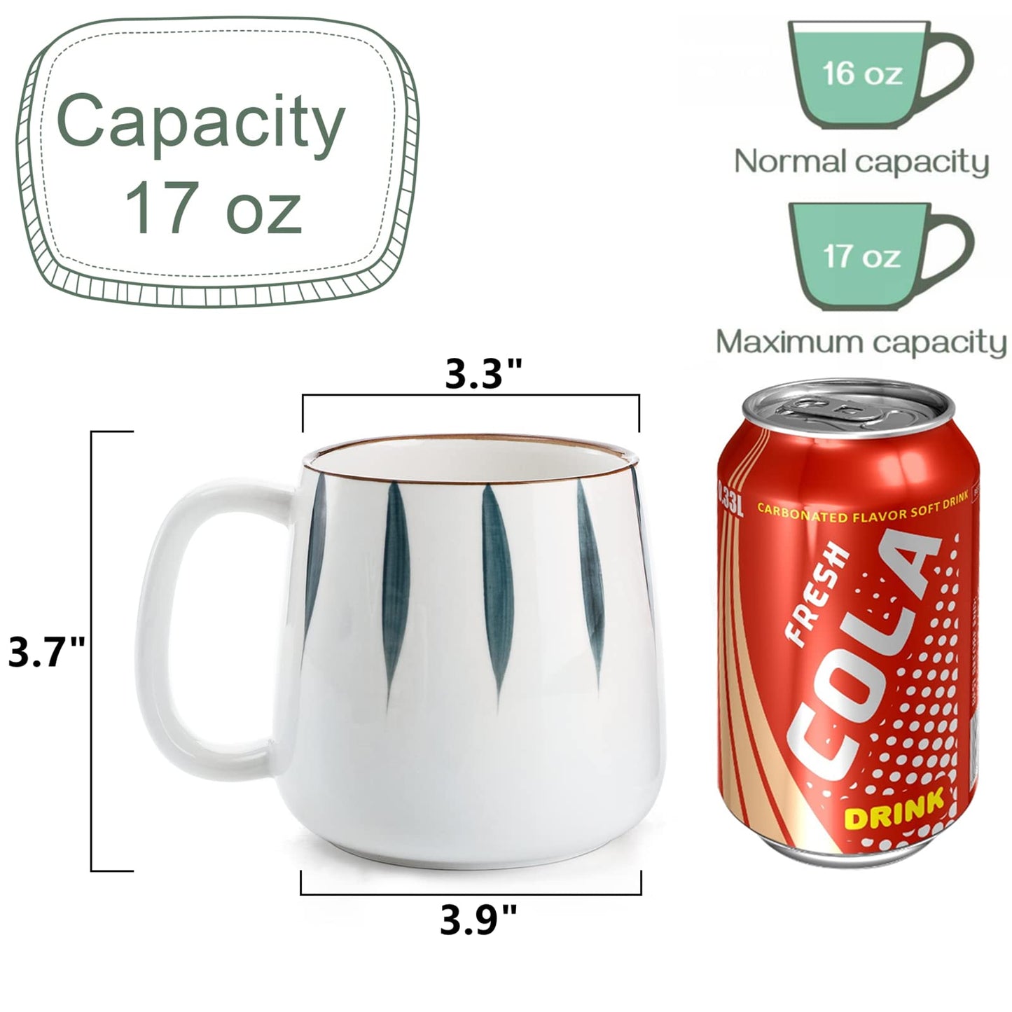 DEAYOU Set of 4 Porcelain Coffee Mugs, 500 ml/17 Oz Ceramic Coffee Cups with Handles, Large Hand-Painted Tea Cups for Cappucino, Milk, Latte, Cocoa, Hot or Cold Drinks, Microwave & Dishwasher Safe