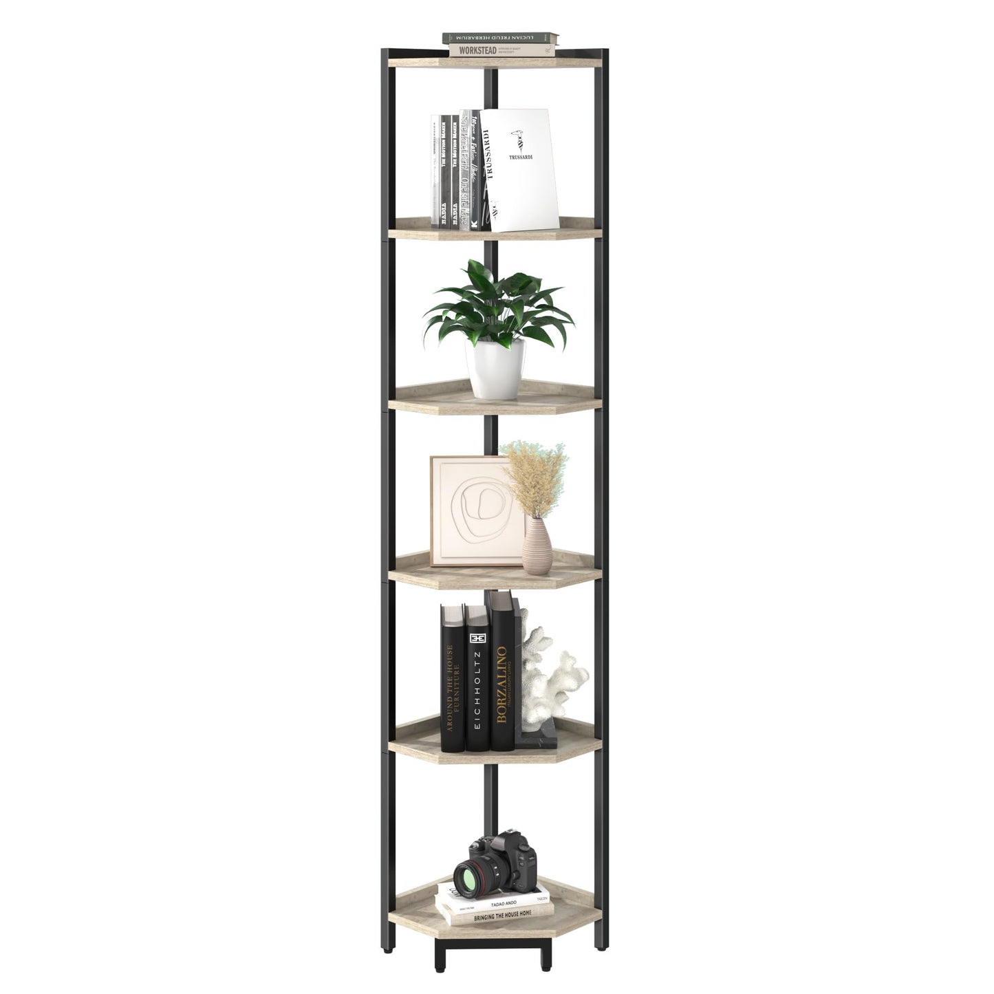 Hzuaneri Corner Shelf Stand, Corner Bookshelf, Storage Standing Shelf Unit with Metal Frame, Plant Stand, Corner Bookcase for Living Room, Home Office, Bedroom, 6-Tier Greige CS06005B