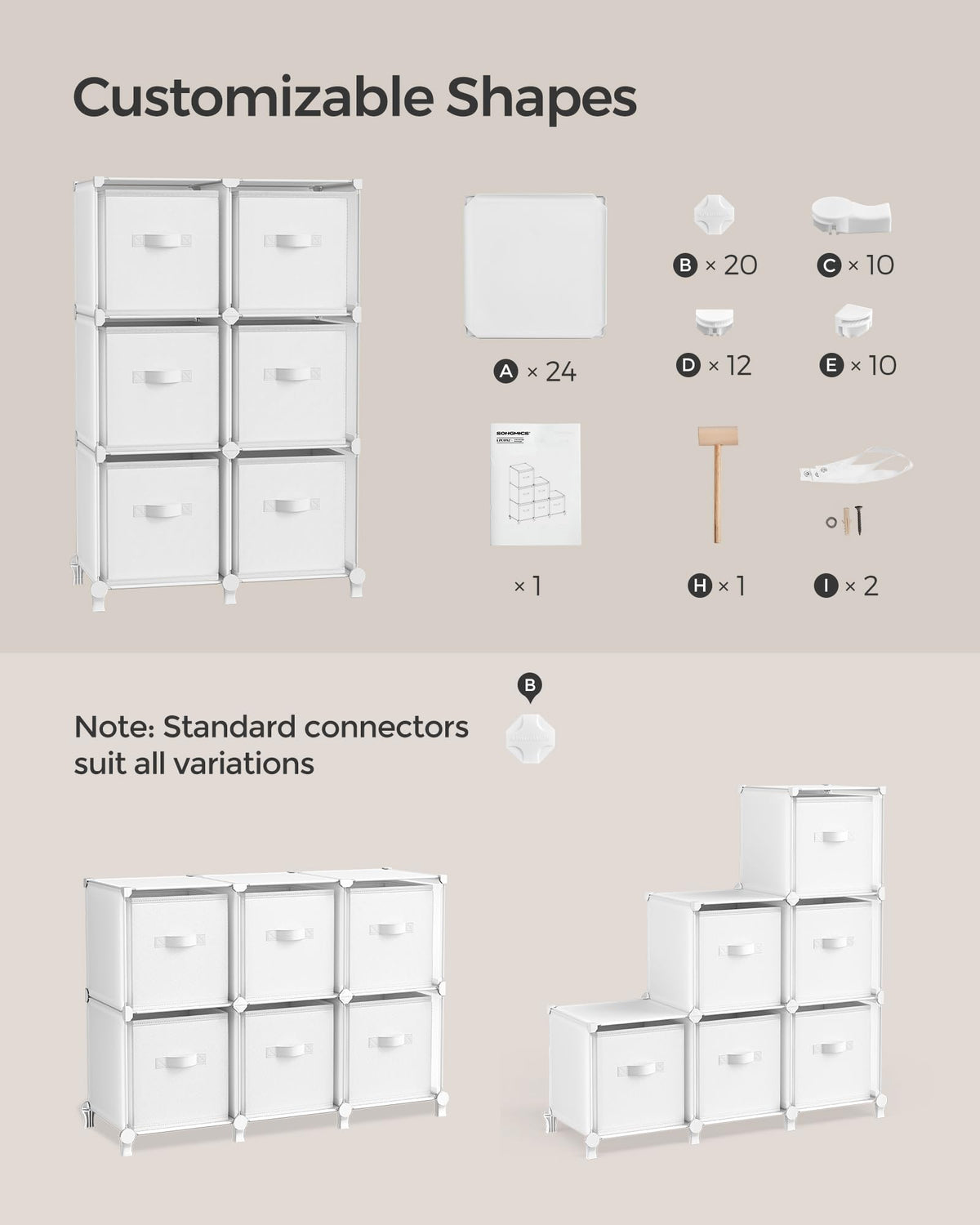 SONGMICS Cube Storage Organizer with Storage Boxes, 6-Cube Organizer, 6 Collapsible Non-Woven Fabric Bins, Customizable, Space-Saving, Living Room, Cloud White ULPC062W06