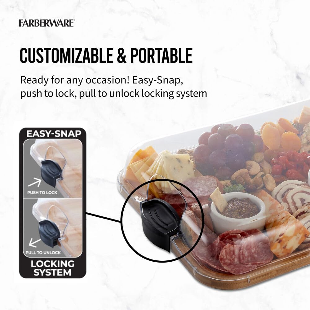 FARBERWARE Build-A-Board Bamboo Cutting Board with Built-in Compartments and Clear Locking Lid, Ideal for Charcuterie, Snacks, Food Prep & Serving