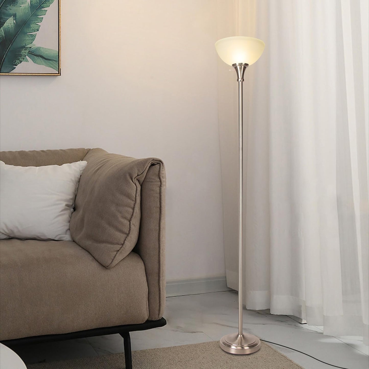 Floor Lamp Frosted White Glass Bowl Shade for Room Decor - Bedroom Decor - Brushed Nickel