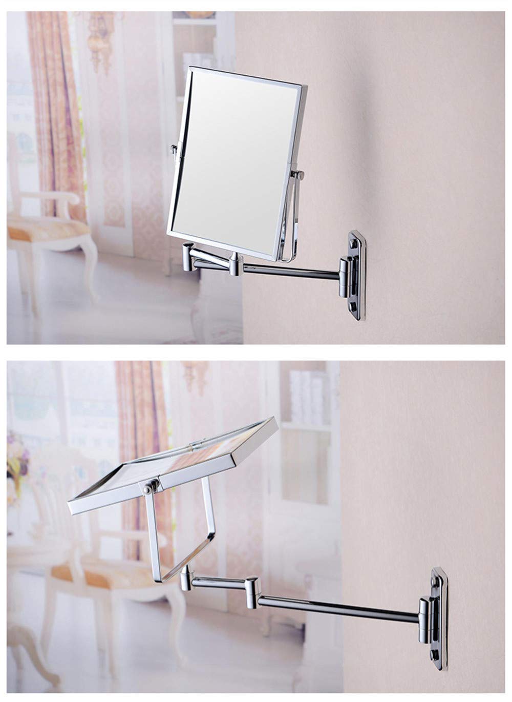 KANG// Bathroom Wall Mirror, Folding Space Aluminum Alloy Telescopic Mirror, Double Sided Shaving Mirror with 3X Magnifier, 39 x 34 cm, Wall Mount, Modern Style