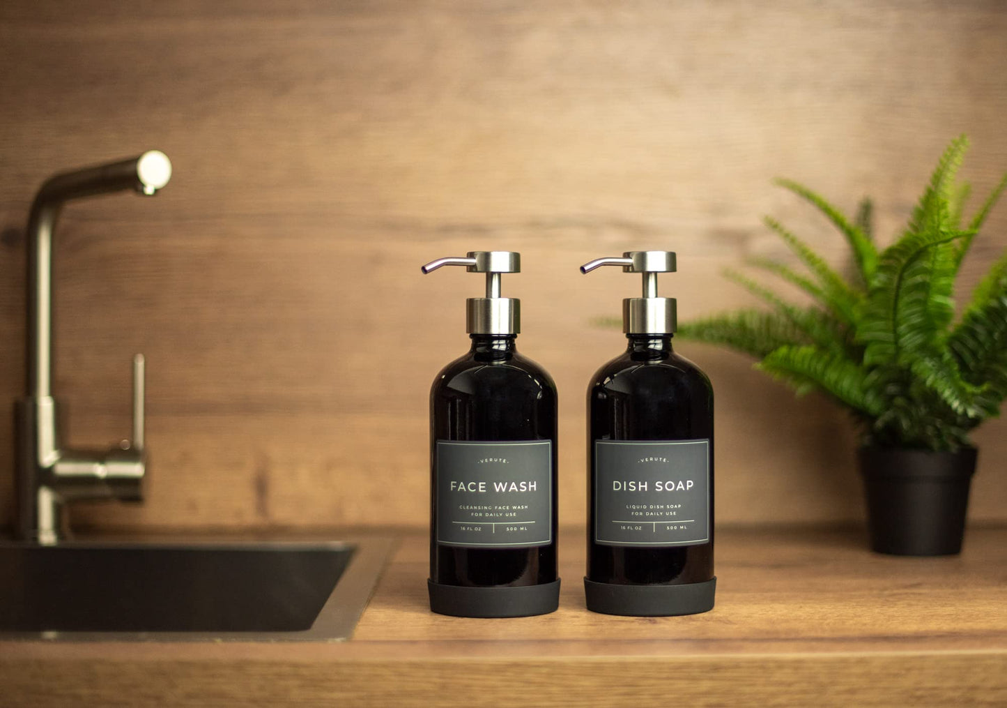 Verute 500ml Glass Soap Dispenser with Stainless Steel Pump, 21 Waterproof Labels, Non-Slip Protective Silicone Pad, Set of 2 for Bathroom & Kitchen (Gloss Black Bottle/Brushed Silver Pump)