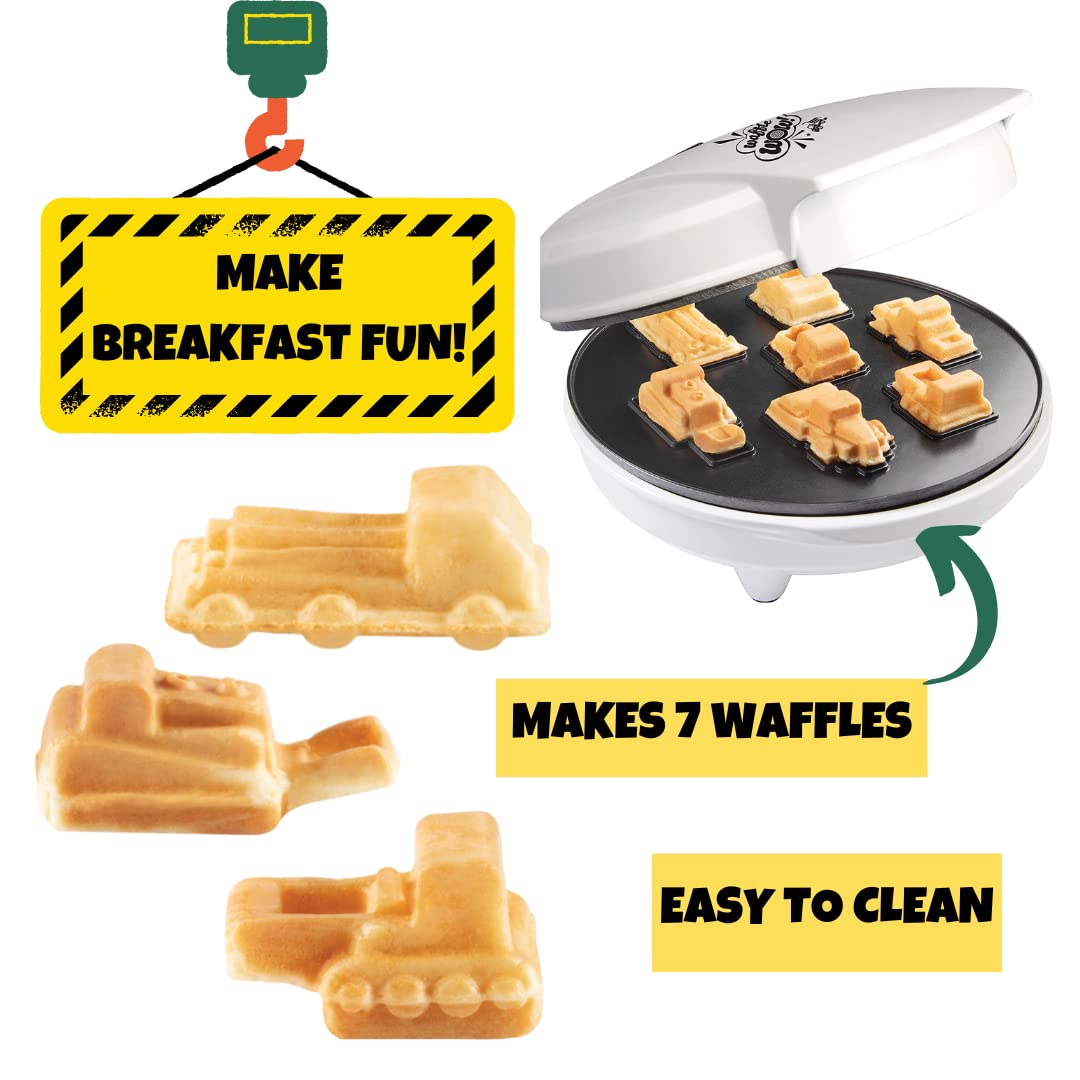 Construction Trucks Mini Waffle Maker - Make 7 Fun, Different Vehicle Shaped Pancakes Featuring a Bulldozer, Forklift & More - Electric Non-Stick Pan Cake Car Waffler Iron