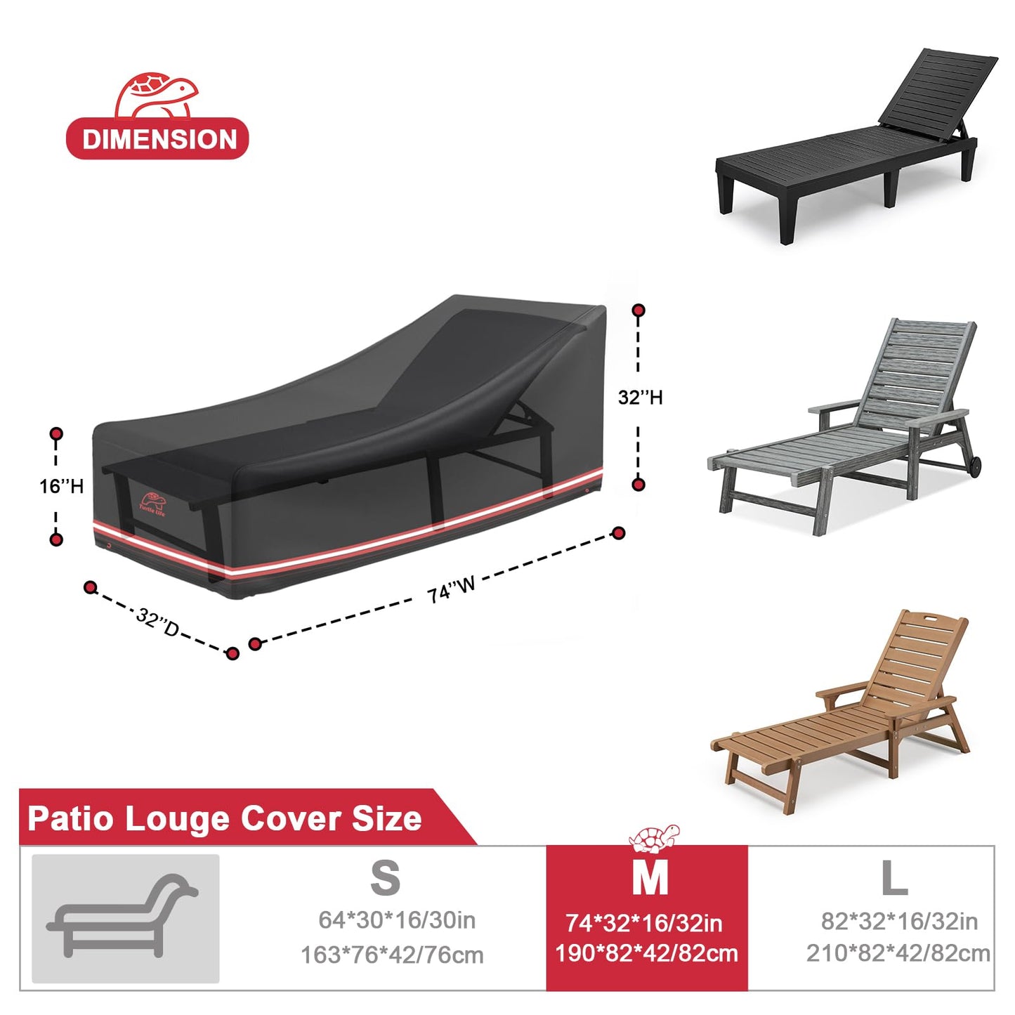 Turtle Life Patio Lounge Chair Cover Waterproof Heavy Duty Outdoor Chaise Lounge Covers with Upgrade Air Vent, 1 Pack - 74L x 32W x 32H inch, Black
