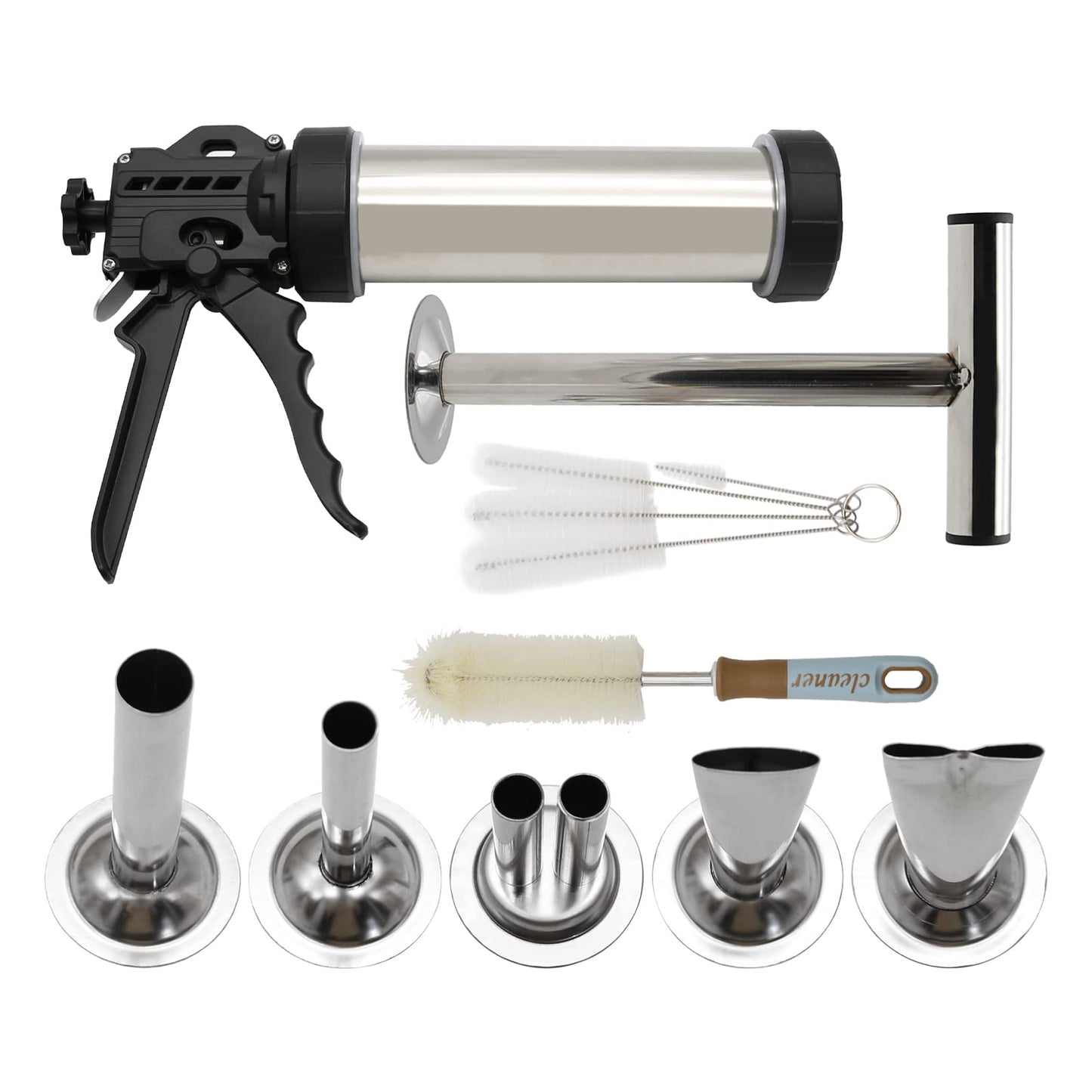 Hoypeyfiy Stainless Steel Jerky Gun Sausage Maker Sausage Stuffer Handmade Beef Jerky Gun with 5 Stainless Nozzles Meat Pusher Cleaning Brushes Kit