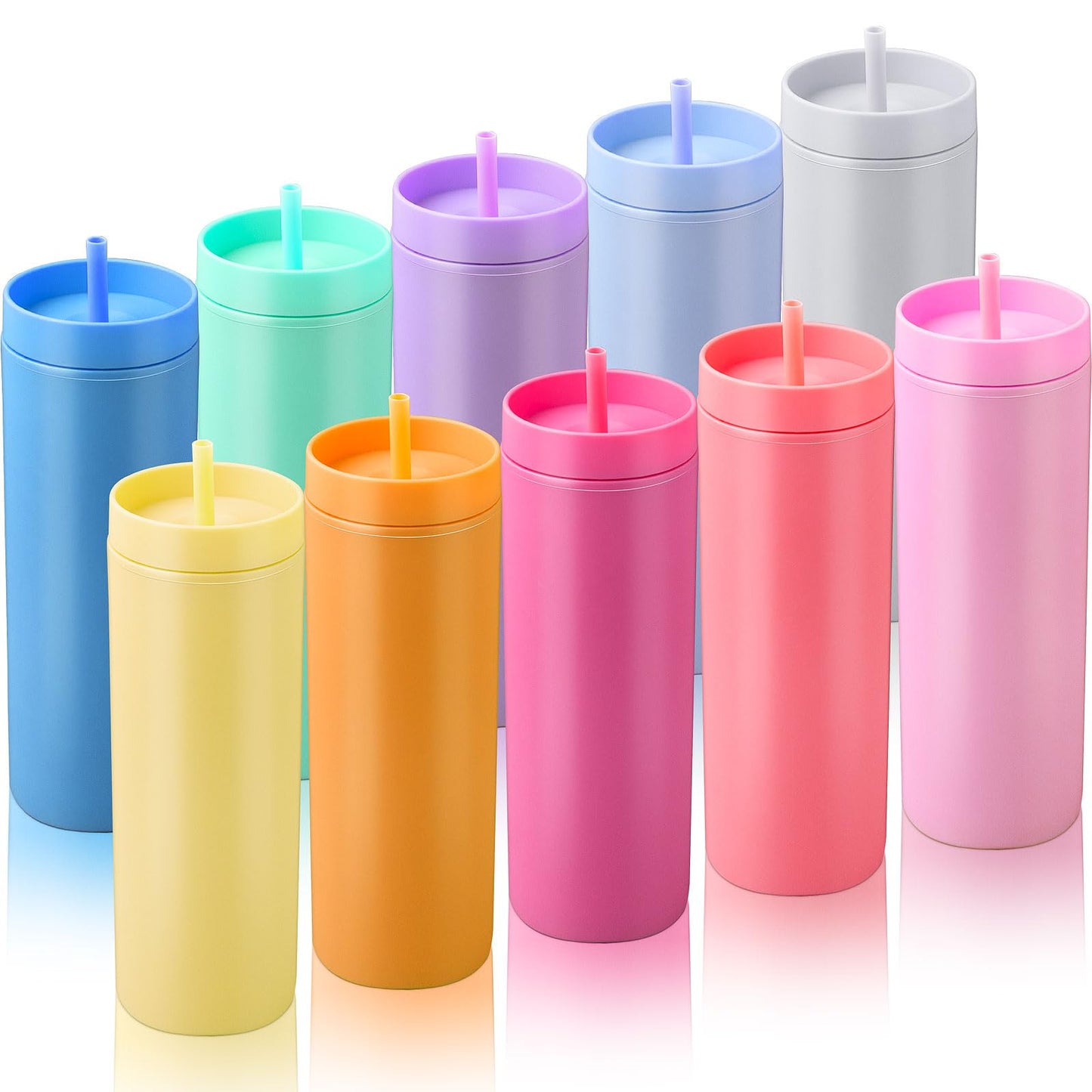 10 Pieces Skinny Tumbler Cups with Lids and Straws, Matte Pastel Colored Acrylic Tumblers Set, Reusable Double Wall Plastic Mugs Cold Hot Drinks Water Bottles for Vinyl DIY Presents, 16 oz