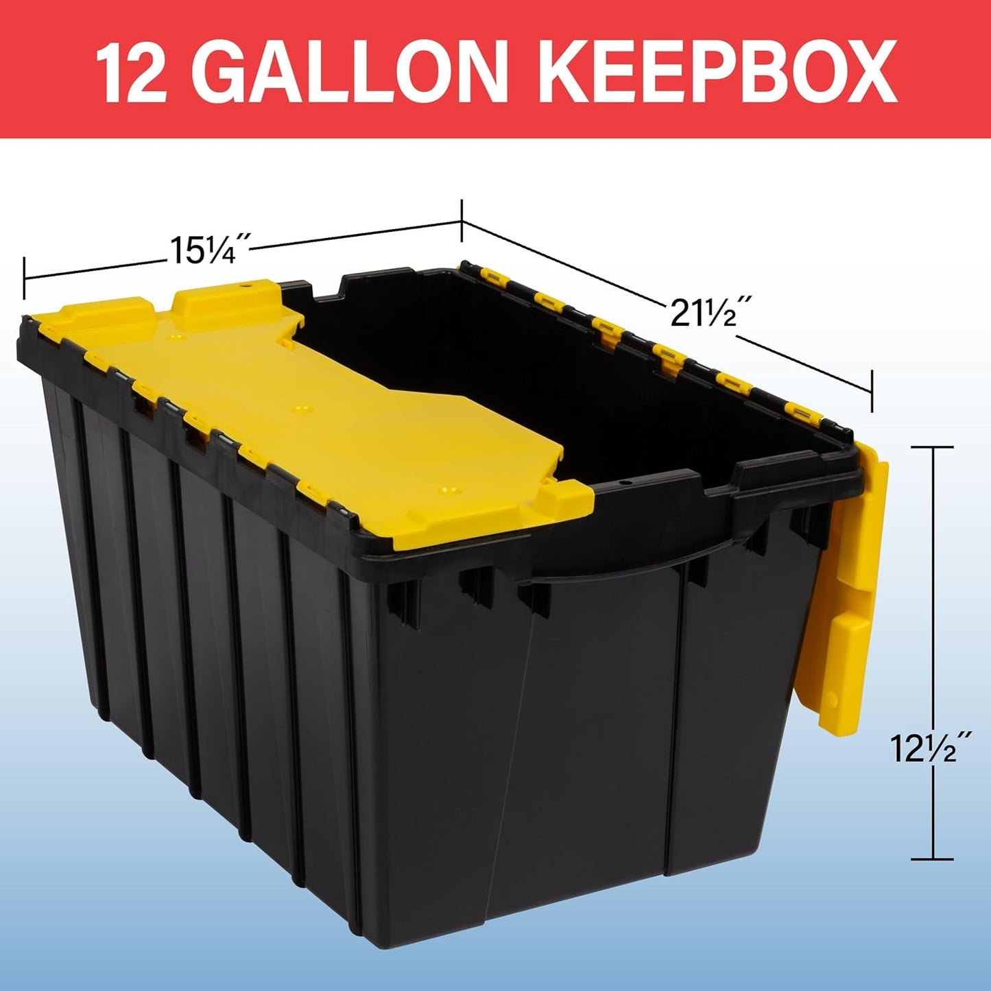 Akro-Mils 66486 12-Gallon Plastic Stackable Storage KeepBox Tote Container with Attached Hinged Lid, 21-1/2-Inch x 15-Inch x 12-1/2-Inch, Black/Yellow