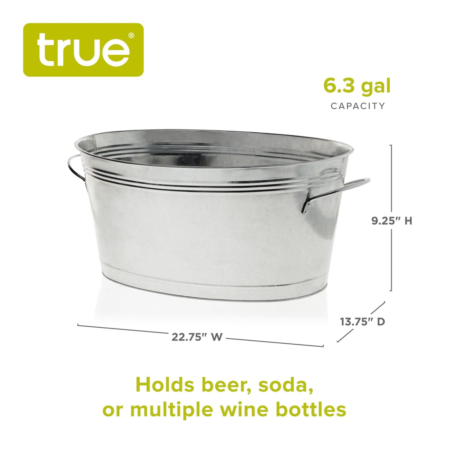 True Classic Oval Ice Bucket, Galvanized Metal Drink Cooler Beverage Tub, Chill Wine & Beer, 6.3 for Home Parties Gallons, 22.75" x 9.25" ,Silver, 6.3 gallons