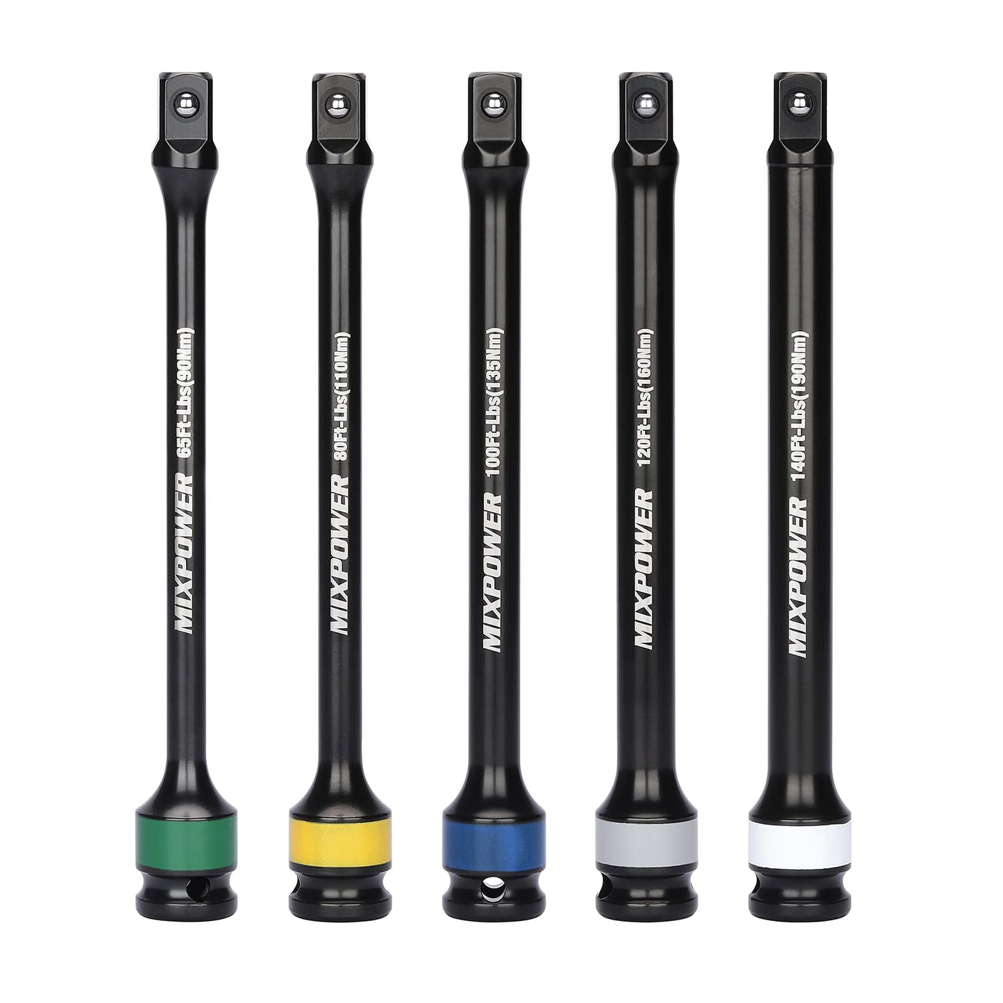 MIXPOWER 5 Pieces 1/2" Drive Torque Limiting Socket Extension Bars, 8 in Long Color-Tool Kit 65-140 ft/lb Set