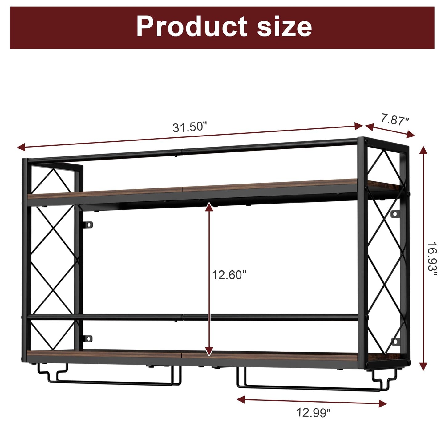 NEYCIL Wine Rack Wall Mount 2 Tier Wall Wine Rack with Glass Holder, Anti-Drop Crossbar, 31.5 Inch Metal Wine Rack for Home Kitchen Dining Room Bar, Black