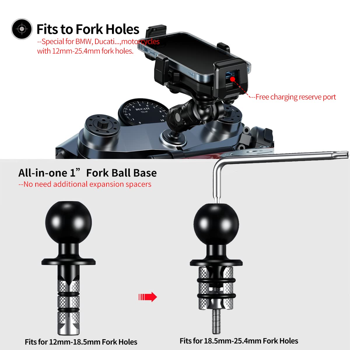 iMESTOU Motorcycle Fork Stem Phone Mount, Anti-Vibration 1" Ball Phone Holder with Anti-Theft Double Socket Arm & Fork Base Suitable for BMW, Yamaha...Motorcycles, Fits for 4.7"-7.2" Cellphones
