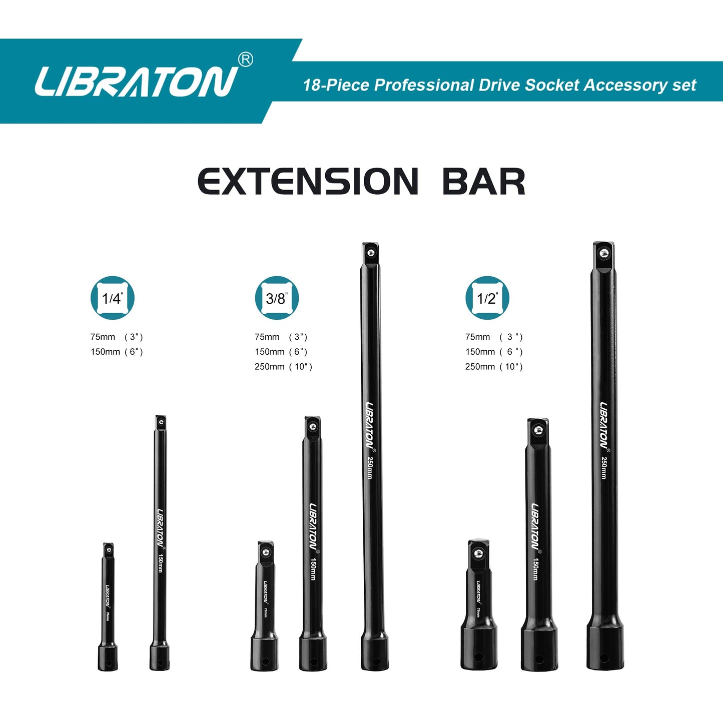 Libraton Socket Extension Set, Ratchet Extension Set, Extension Set 18PCs, Impact Extension Set, Socket Adapters, Swivel Sockets, Professional Drive Socket Accessories, 1/4 3/8 1/2