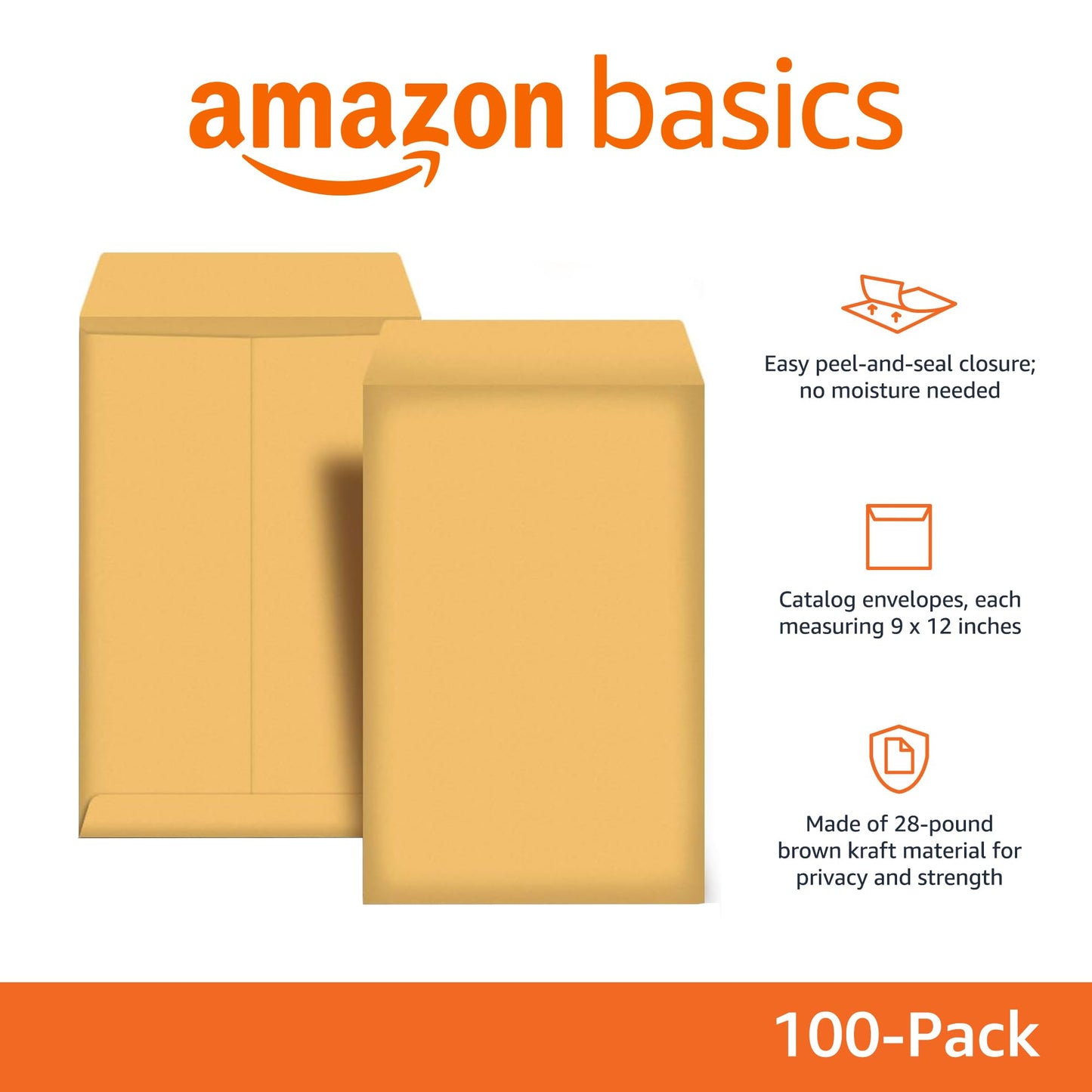 Amazon Basics Catalog Mailing Envelopes, Peel & Seal, 9x12 Inch, Brown Kraft, 100-Pack - AMZP13
