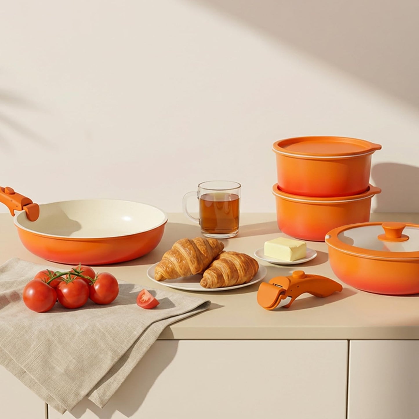 GIPP 5pcs Pots and Pans Set Non Stick, Nonstick Cookware Set Detachable Handle,Ceramic Pots for Cooking Non Stick with Removable Handle, RV Cookware Set, Orange Gradient