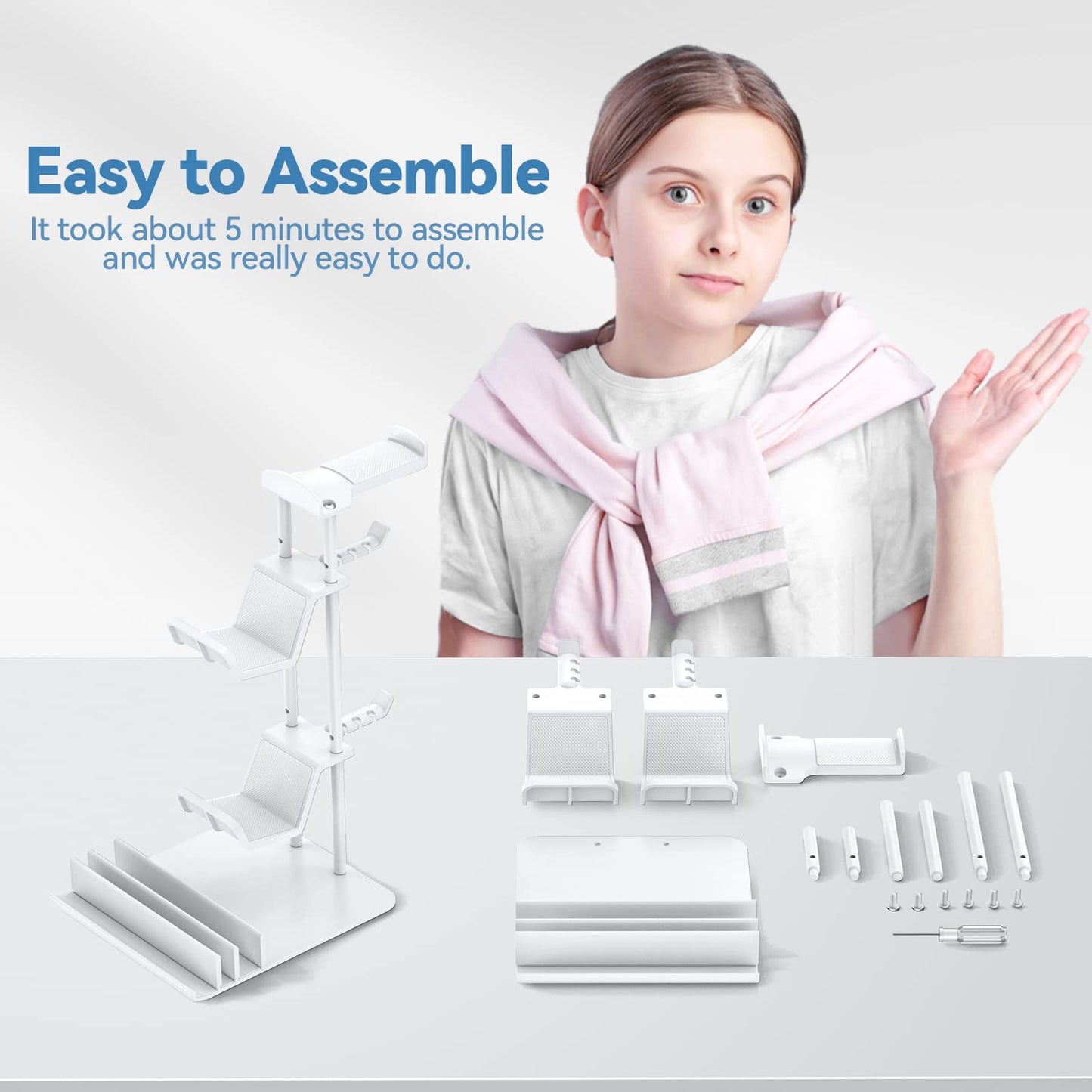 KDD Headphone Stand, Game Controller Holder & Headset Holder for Desk, Earphone Stand with Aluminum Supporting Bar, Universal Storage Organizer Headphones/Controller/Switch/iPad/Mobile Phone(White)