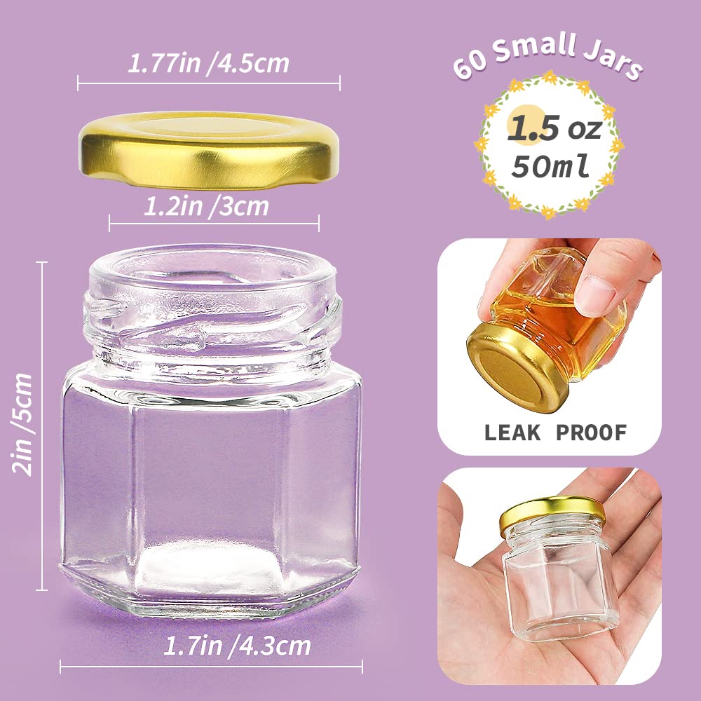 60 Pack Small Glass Jars with Airtight Lids, 1.5 oz Mini Hexagon Honey Jars for Wedding Favors, Baby Shower Favor, Party, Mason Jar for Crafts - Canning Container for Spices, Candles, Jam, Candy