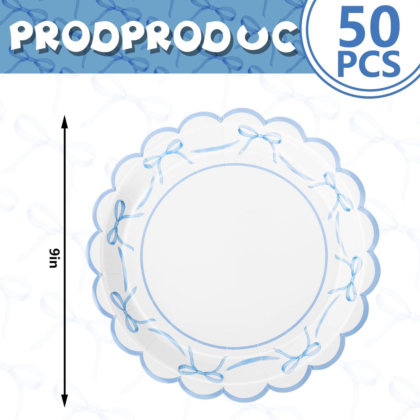 JarThenaAMCS 50Pcs Blue Bow Paper Plate Scalloped Bowknot Baby Shower Disposable Plate 9 Inch Decorative Dinner Plates for Birthday Party Table Decor