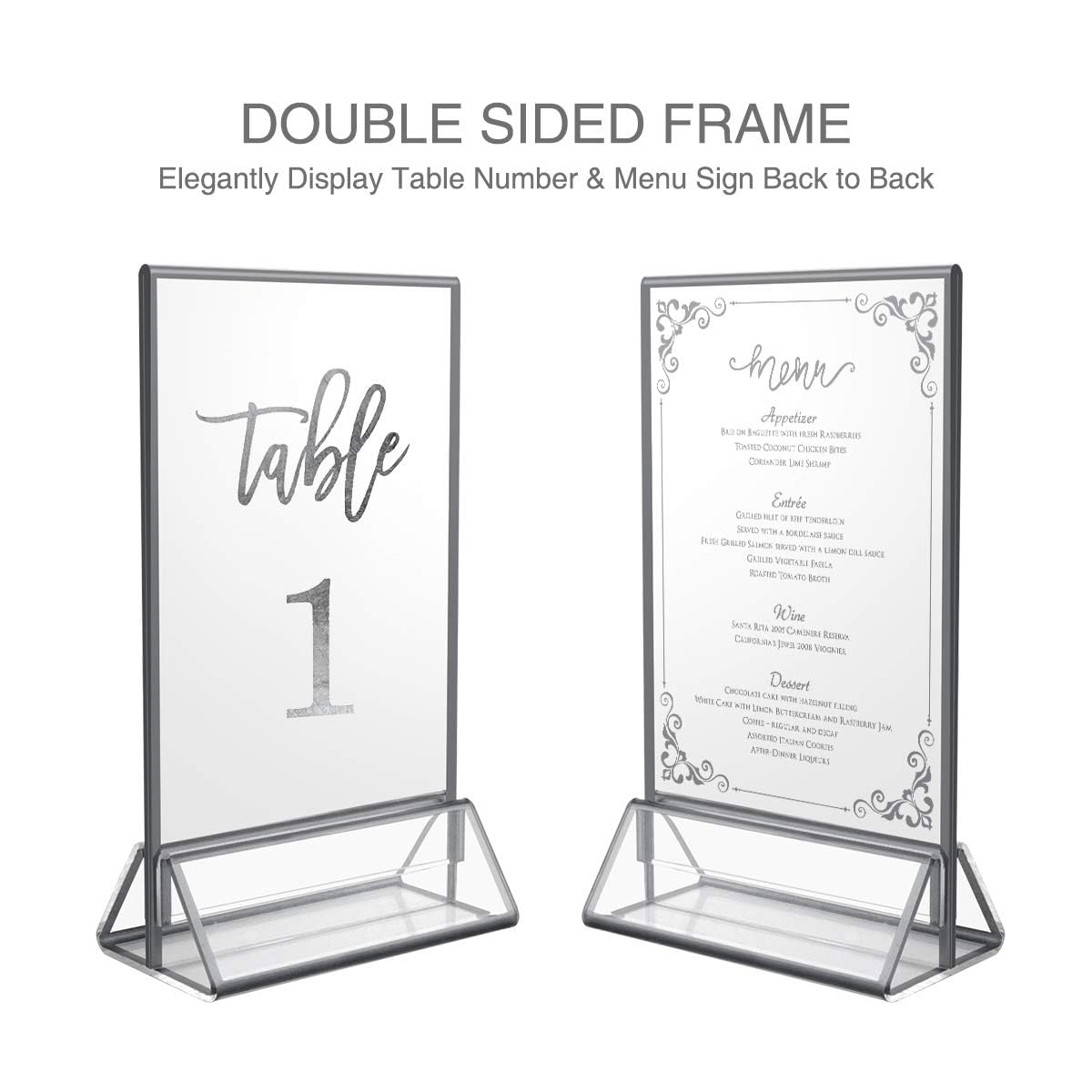 NIUBEE 6Pack 8.5x11 Clear Acrylic Sign Holder with Sliver Borders and Vertical Stand, Double Sided Table Menu Holders Picture Frames for Wedding Table Numbers, Restaurant Signs, Photos and Art Display