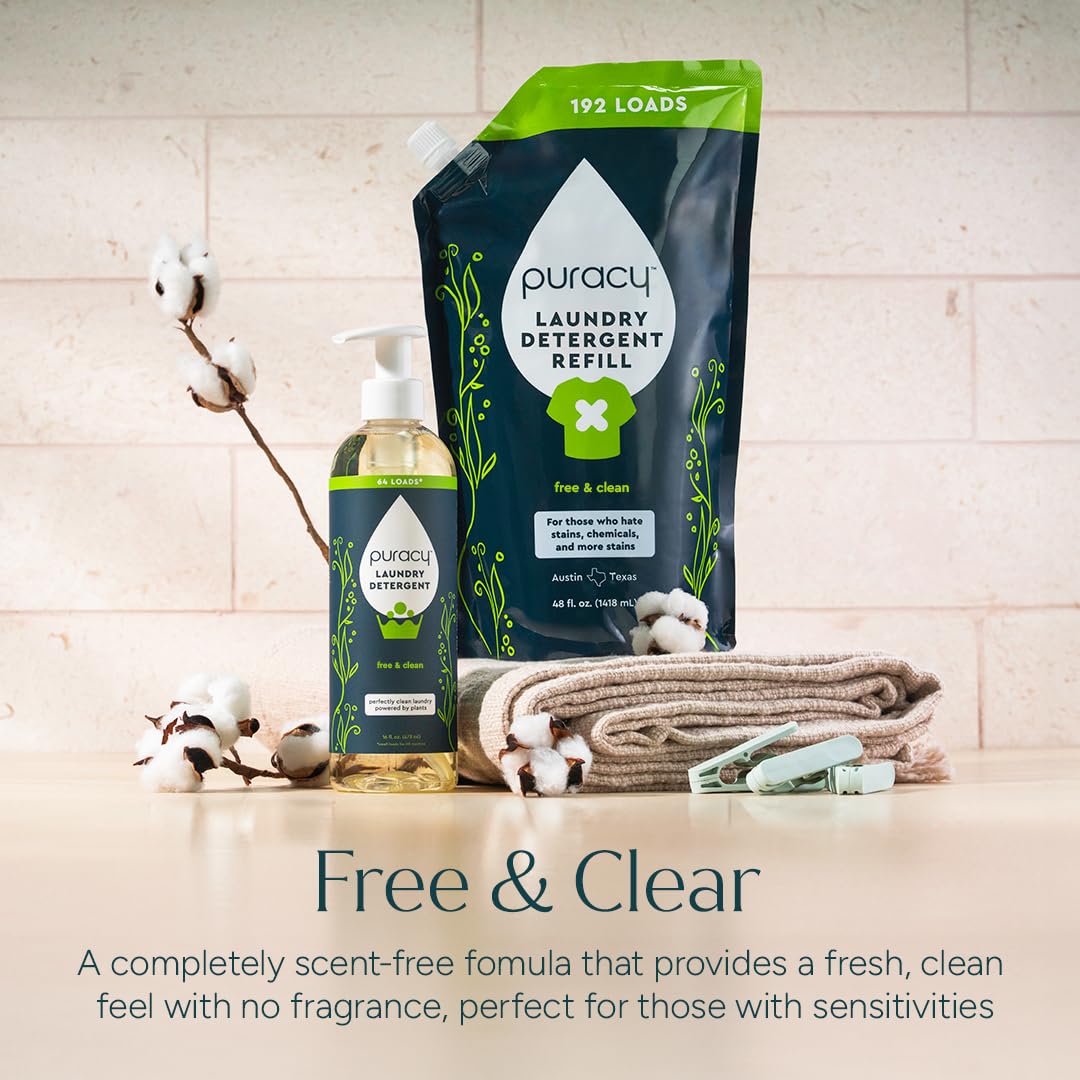 Puracy Laundry Detergent - Liquid Detergent Concentrate, Stain Fighting Enzymes, Natural Laundry Detergent Seen on TikTok, Non-Toxic, Hypoallergenic (Free & Clear, 48 oz/1420 ml, 192 Loads, Refill)