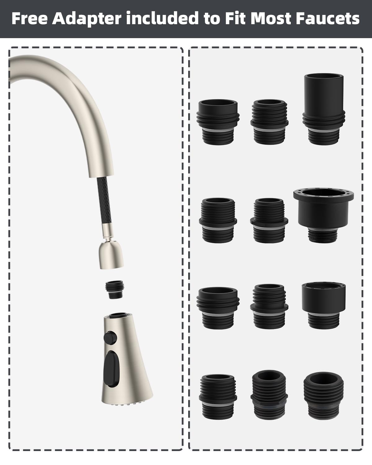 Hibbent 3-Function Pull Down Kitchen Faucet Head Replacement with 12 Adapters, NSF/ANSI/CAN 61 & CUPC Certified Sink Spray Nozzle, Compatible with Moen, Delta, Kohler Faucets, Brushed Nickel
