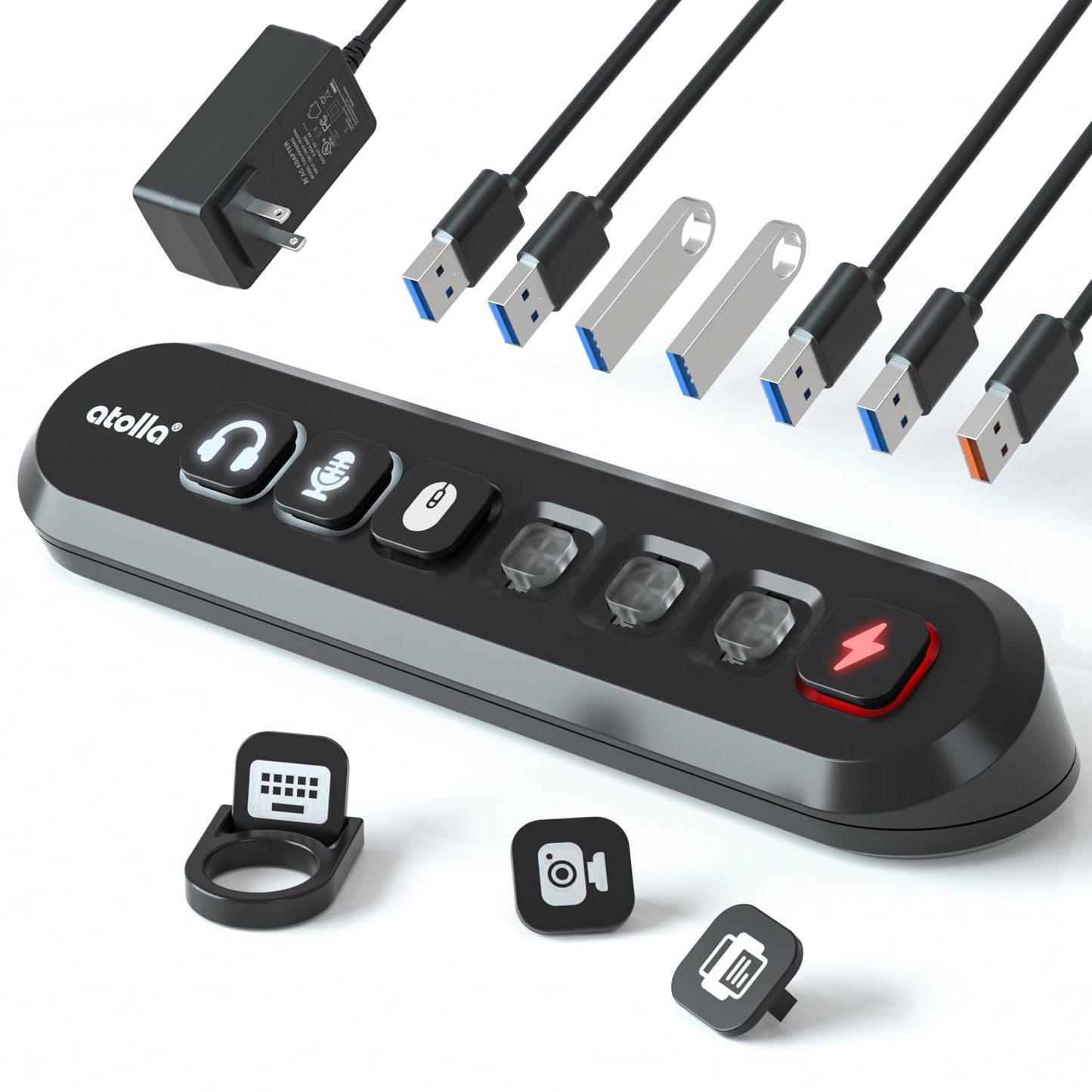 Powered USB Hub, atolla 7-Port USB 3.0 hub (6 Superspeed Transfer Ports+ 1 Fast Charging Port) with Swappable Illuminated Icon Switch and 12V/3A Power Adapter for Windows, MacOS, ChromeOS, Linux