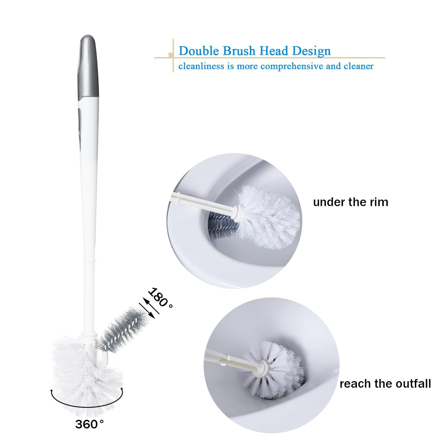 Ryhiac 2 Pack Toilet Bowl Brush with Holder for Bathroom, Under-Rim Double Brush Head, Long Handle Household Cleaning Brushes Set (2 Pack Grey Brush with Holder)