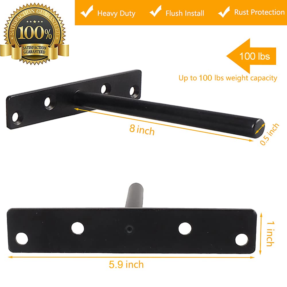 Blind Floating Shelf Brackets 8 Inch - Heavy Duty Wall Shelf Brackets, Solid Steel Matte Black Hidden Support with Hardware for DIY Custom Wood Shelves (6 Pack)