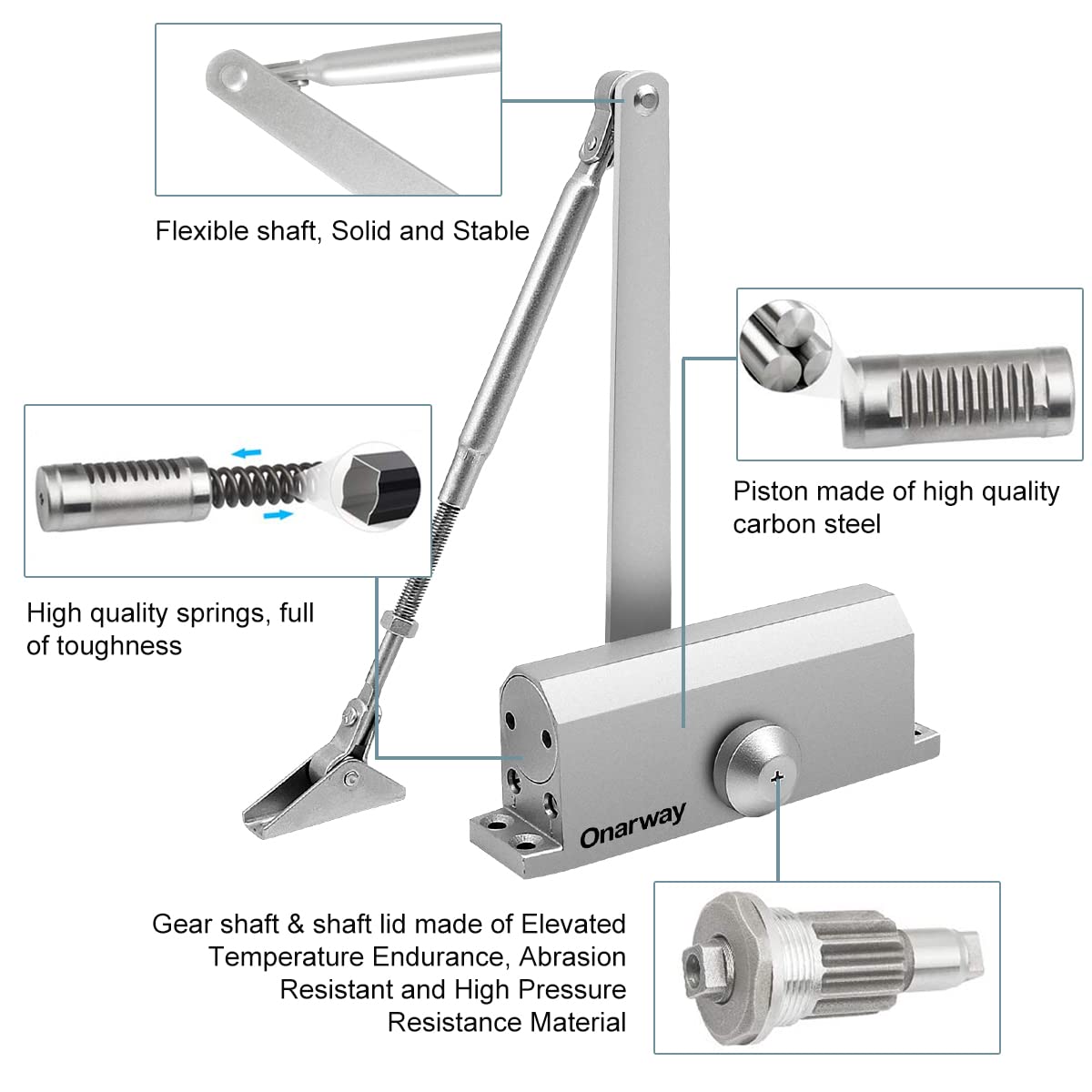 Onarway Door Closer / Closure Adjustable Automatic Size 3 Spring Hydraulic Aluminum Alloy Body for Residential and Light Commercial Use for Door Weights 99~132 Lbs, Easy Install