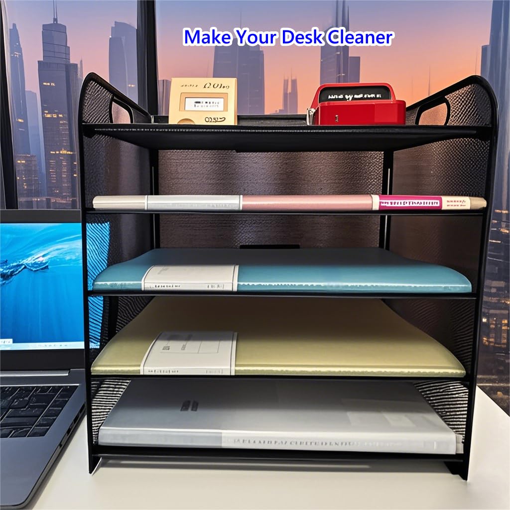 ECIC 5 Trays Paper Organizer Letter Tray with Handle-Mesh Desk File Organizer, Paper Sorter for Office, Home or School, Black