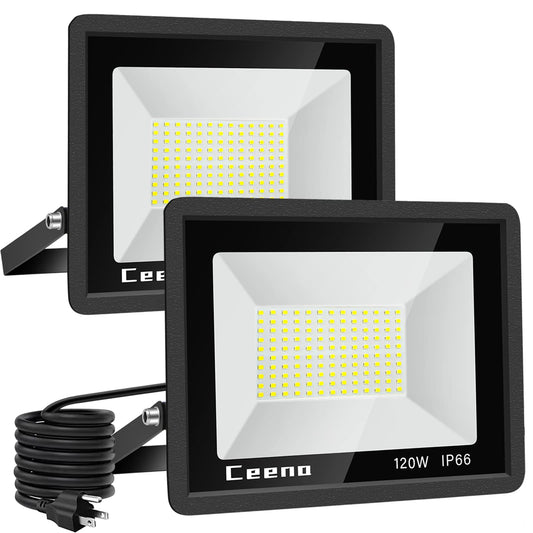 Ceena 2 Pack 120W Plug-in LED Flood Lights Outdoor, 12000lm Super Bright LED Work Light with Switch, 5.9 ft Cord, IP66 Waterproof 6000K Floodlight for Backyard, Workshop, Basketball Court