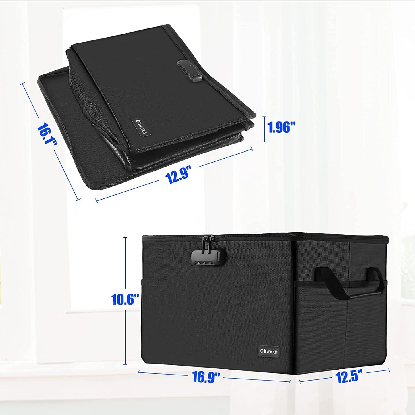 Large File Organizer Box (2000℉) with Lock(16.1'' x 12.7'' x 10.6'') , Fireproof Waterproof Document Box with Lid, Portable Home Office Safe Box with Handle(Not Including Suspension File)